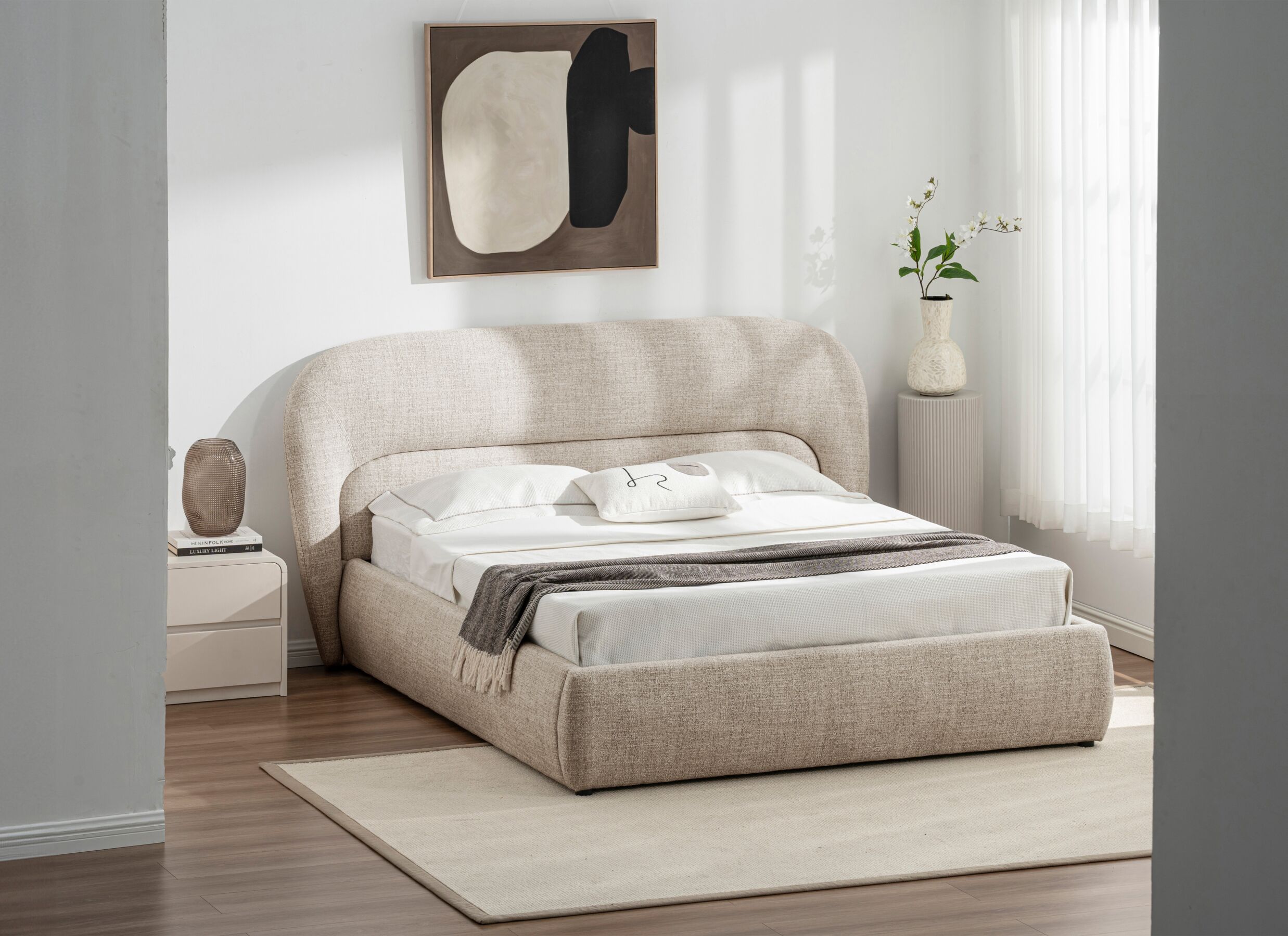 Foto ambiance - Lit capitonné Nausicaa 140x200cm - tissu - beige avec rangement