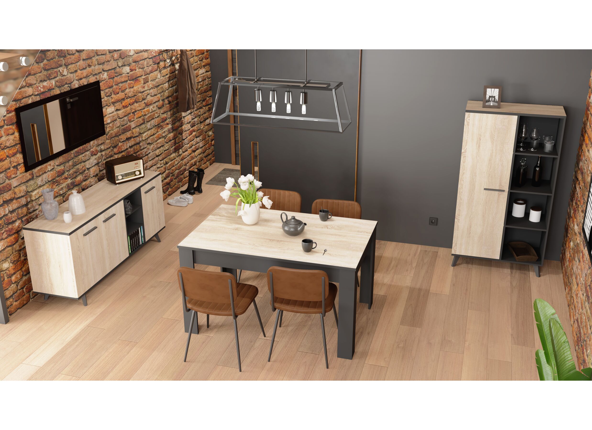 Foto ambiance - Table Wayne 140x90cm - décor - chêne brossé & noir