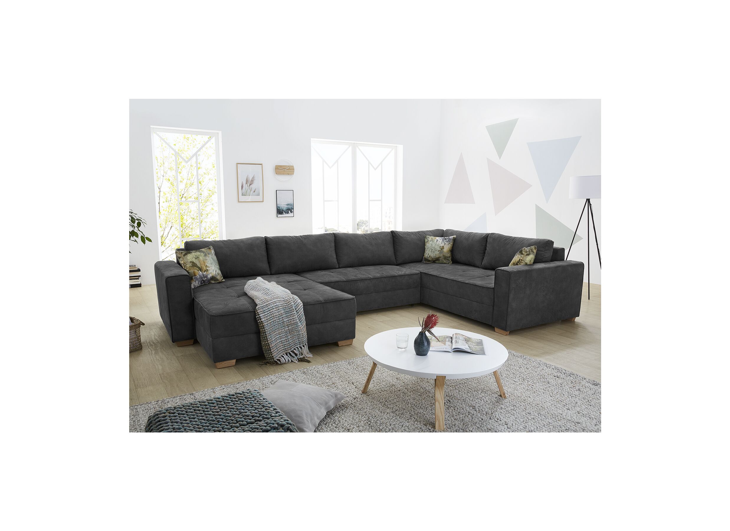Canapé d'angle Brixen 379x227cm - tissu - gris foncé avec fonction lit