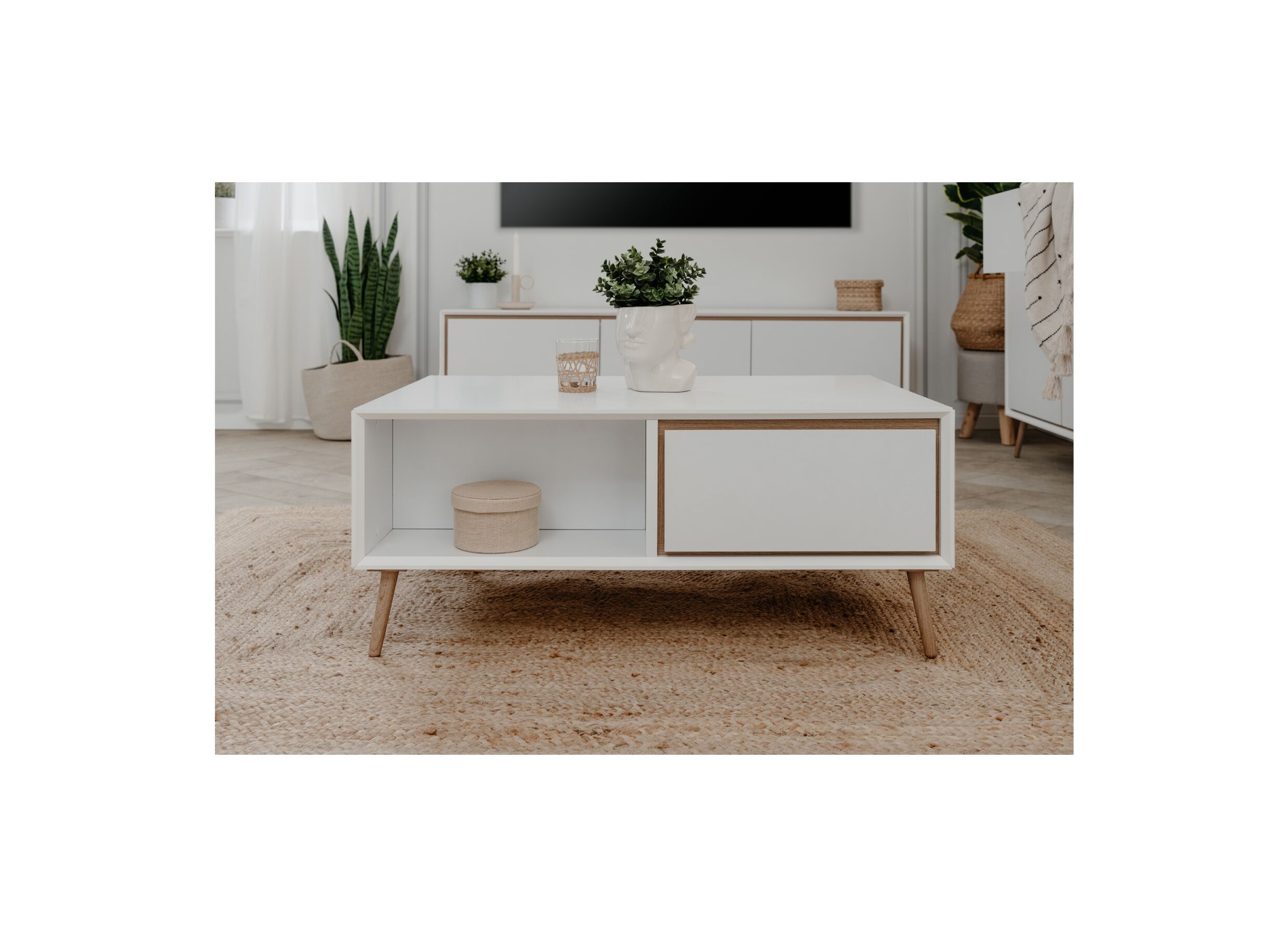 Foto ambiance - Table basse Arona 94x55cm avec rangement - mélamine - blanc