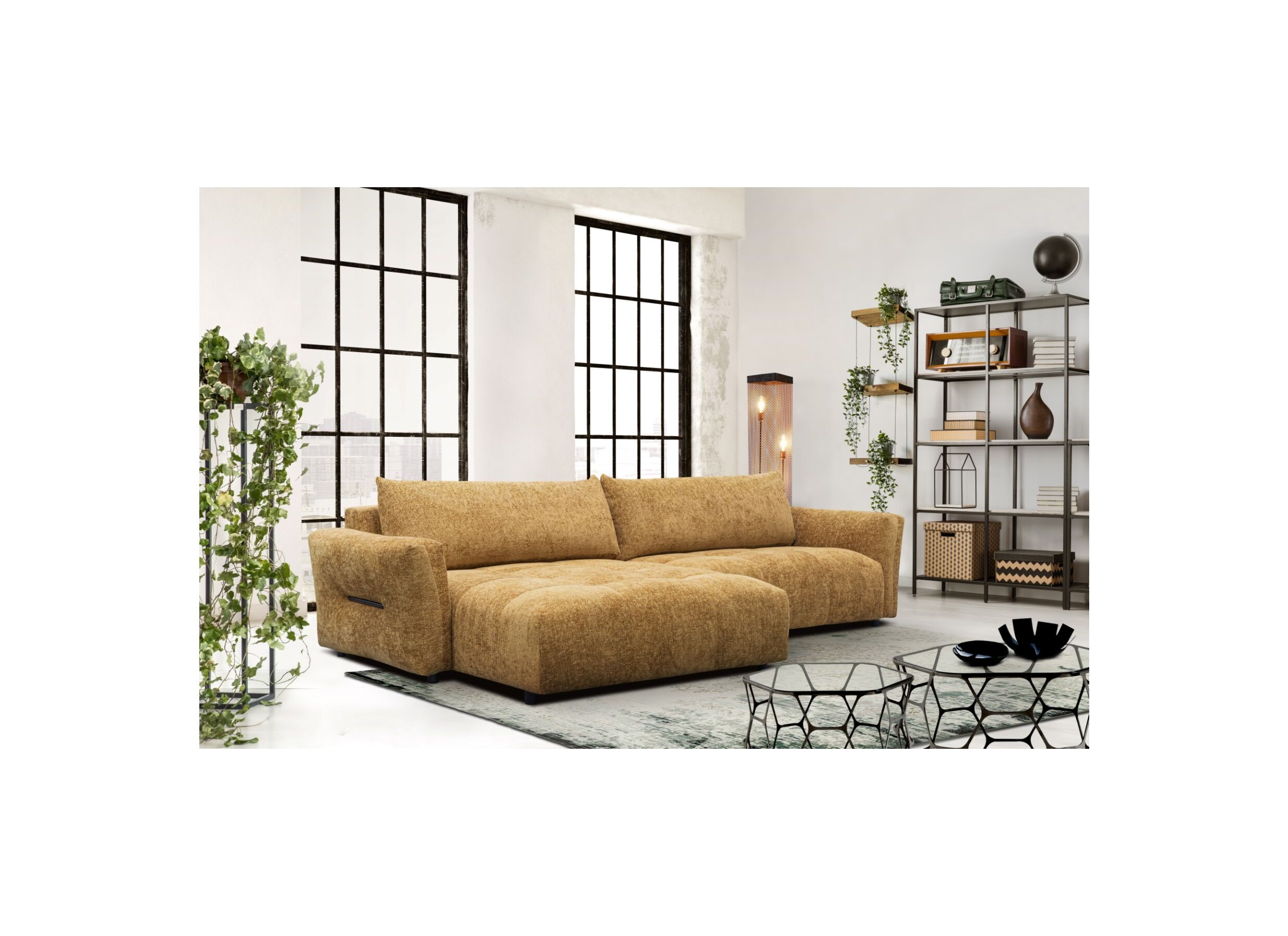Foto ambiance - Canapé d'angle Amber 314x173cm - tissu - ocre