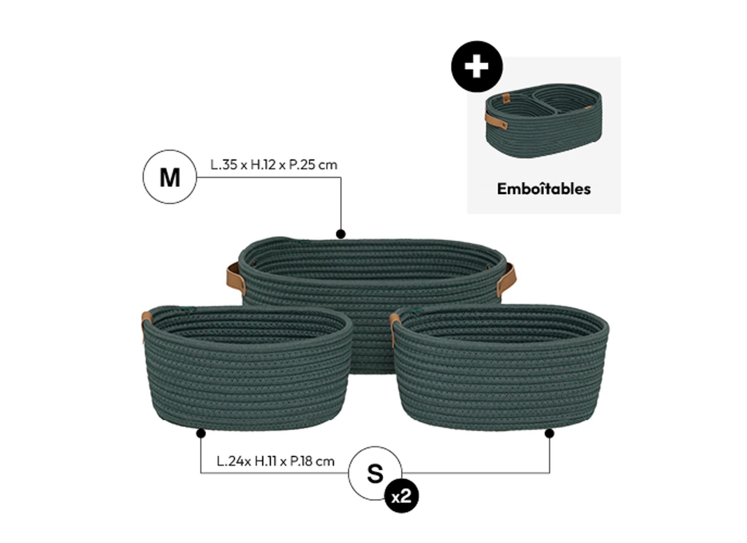 Afmetingen - Opbergmand Duo 35x25xH12cm - polyester - ficus set van 3