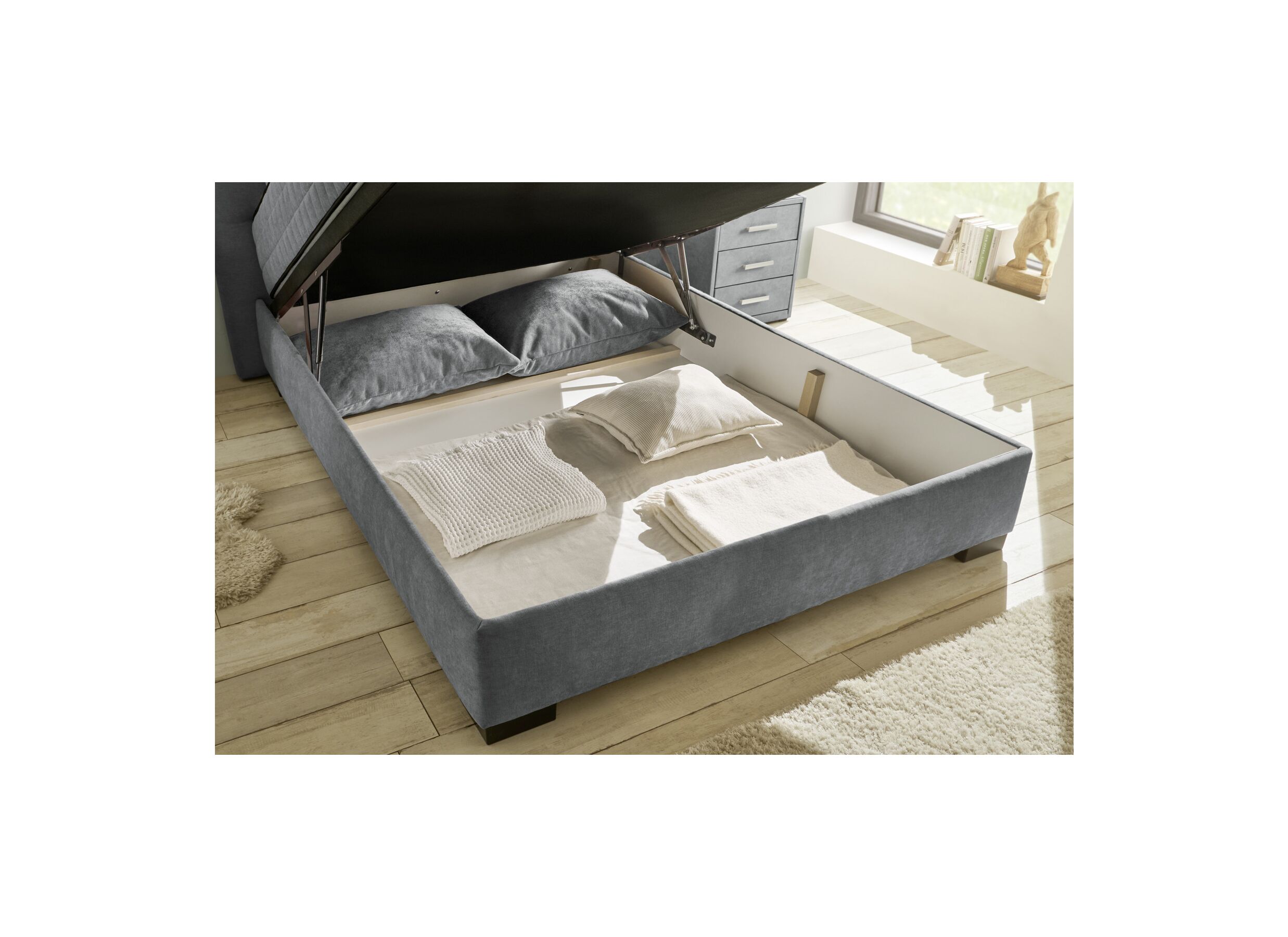 Sfeerfoto - Bedbox Nagol A 140x200cm met opbergruimte stof antraciet