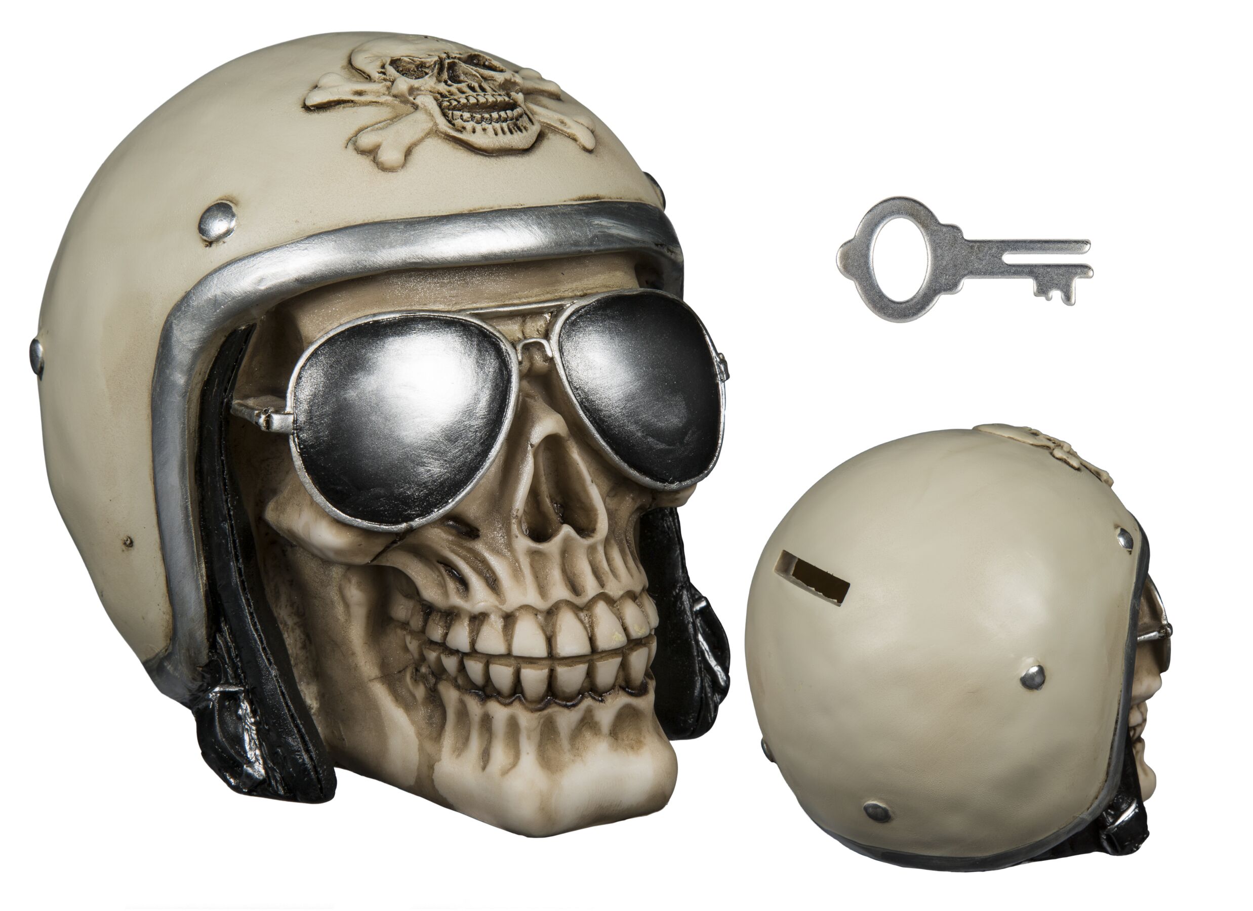 Spaarpot schedel met helm en zonnebril