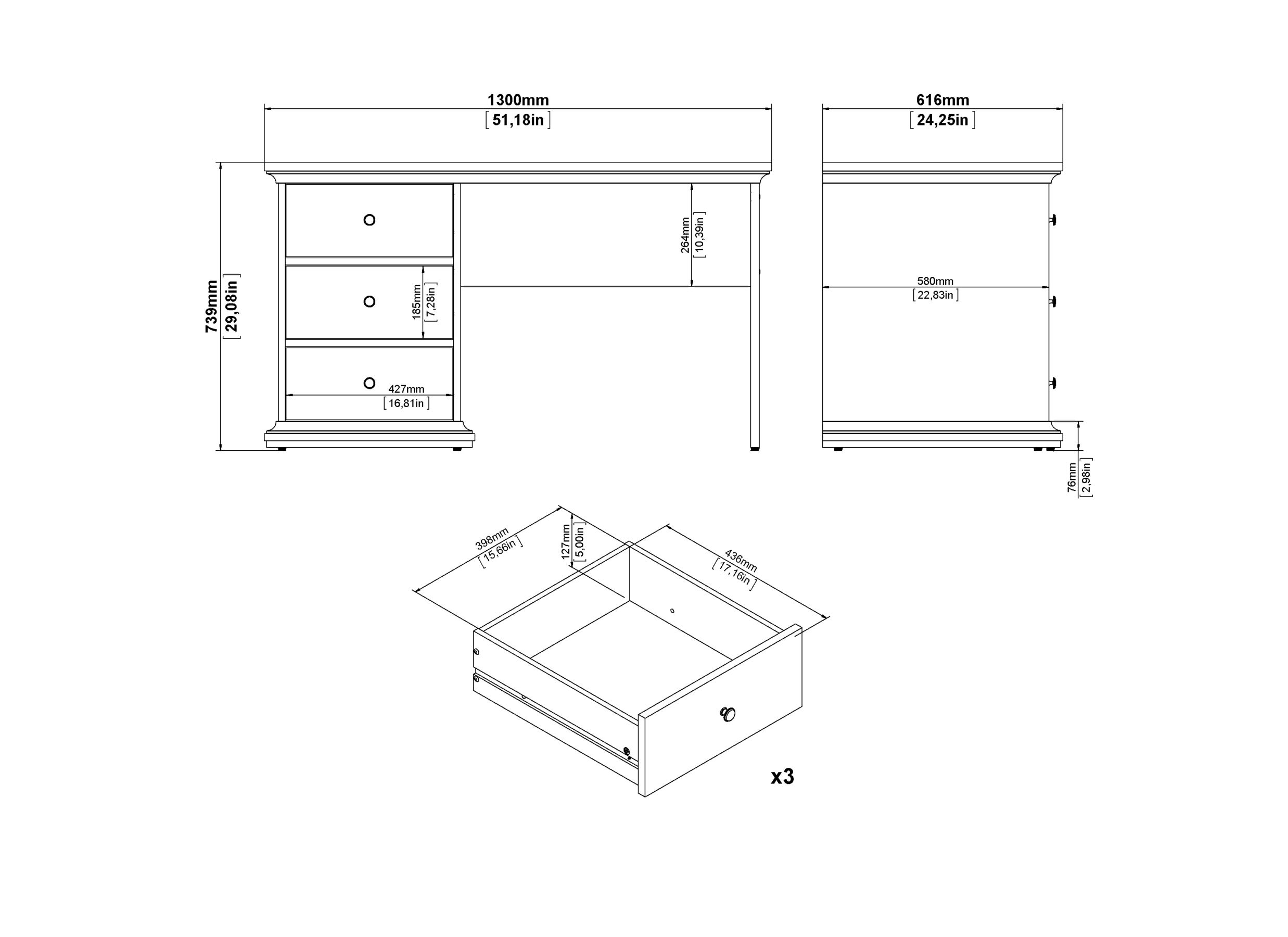 Dimensions - Bureau Paris 130x62cm