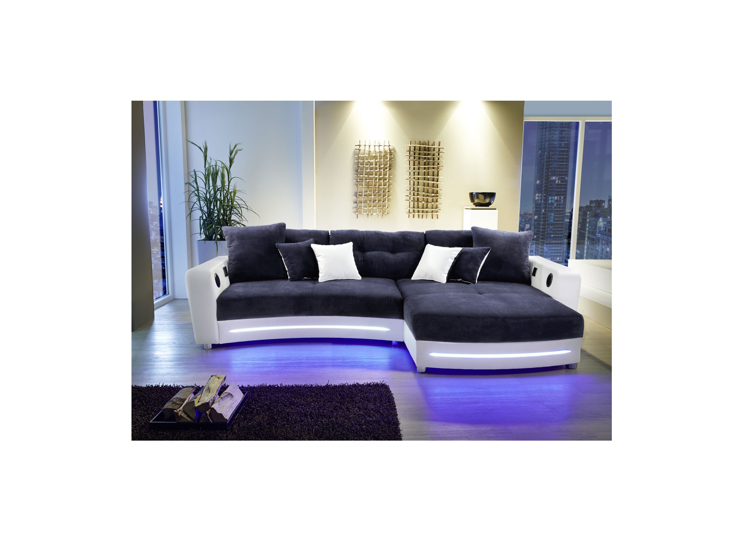 Hoeksalon Laredo 322x190cm - lederlook/stof blauw wit met LED-verlichting