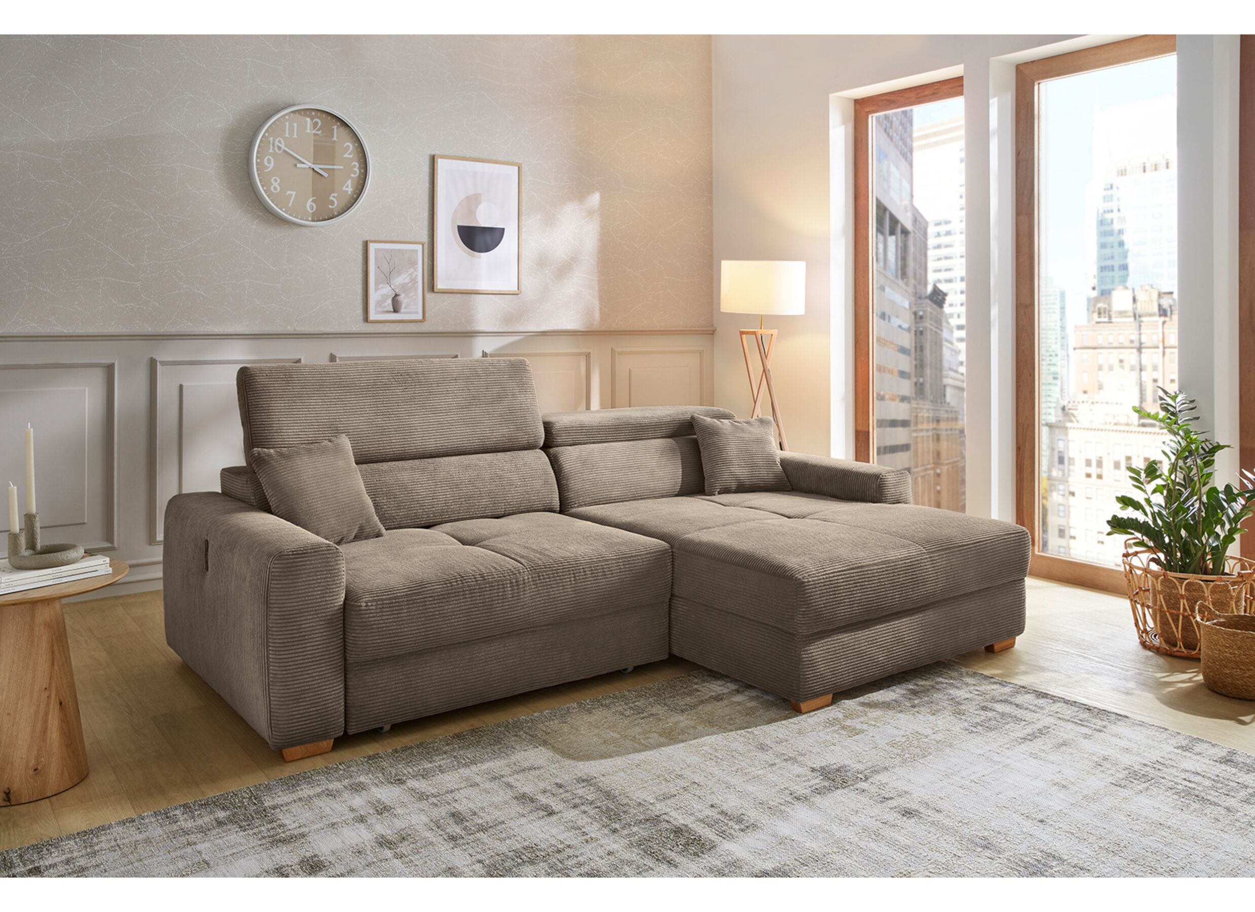 Foto ambiance - Canapé d'angle Slider 279 x 186 cm - tissu ribcord - marron avec fonction lit