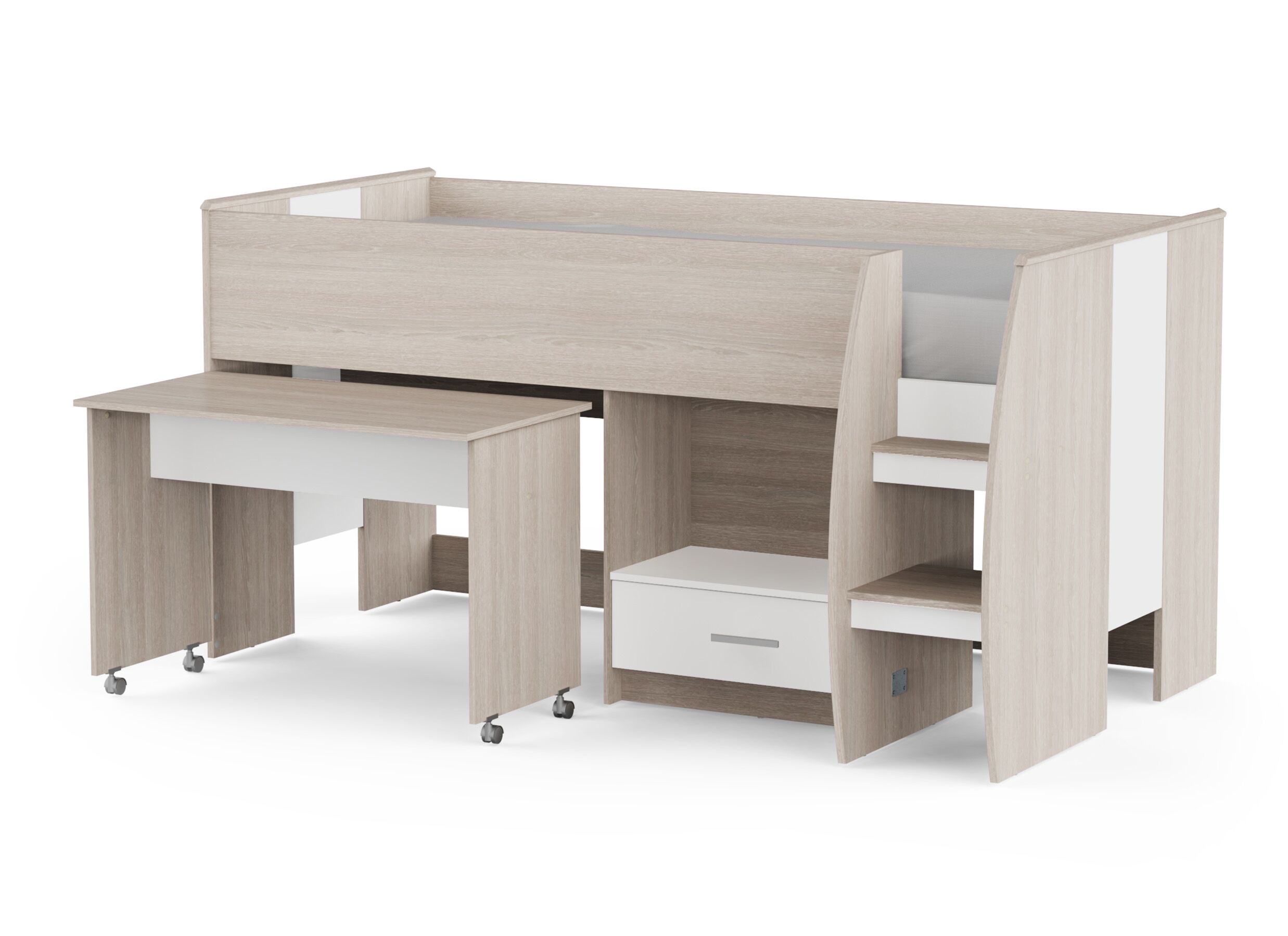 Aperçu - Lit mi-hauteur avec bureau Nano 90x200cm - décor - chêne shannon & blanc