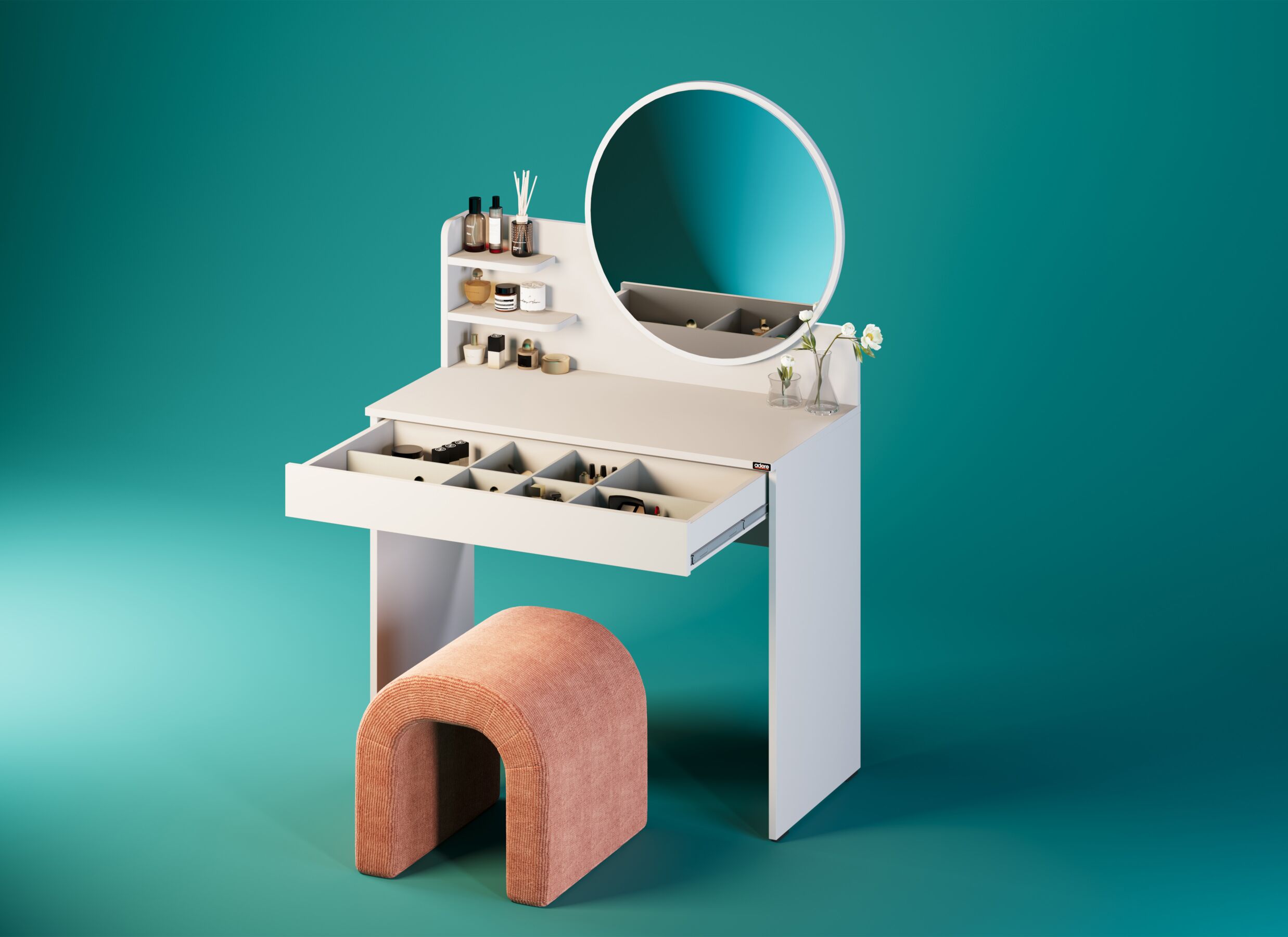 Foto ambiance - Coiffeuse Cecy avec miroir 90x35x138cm - mélamine - blanc