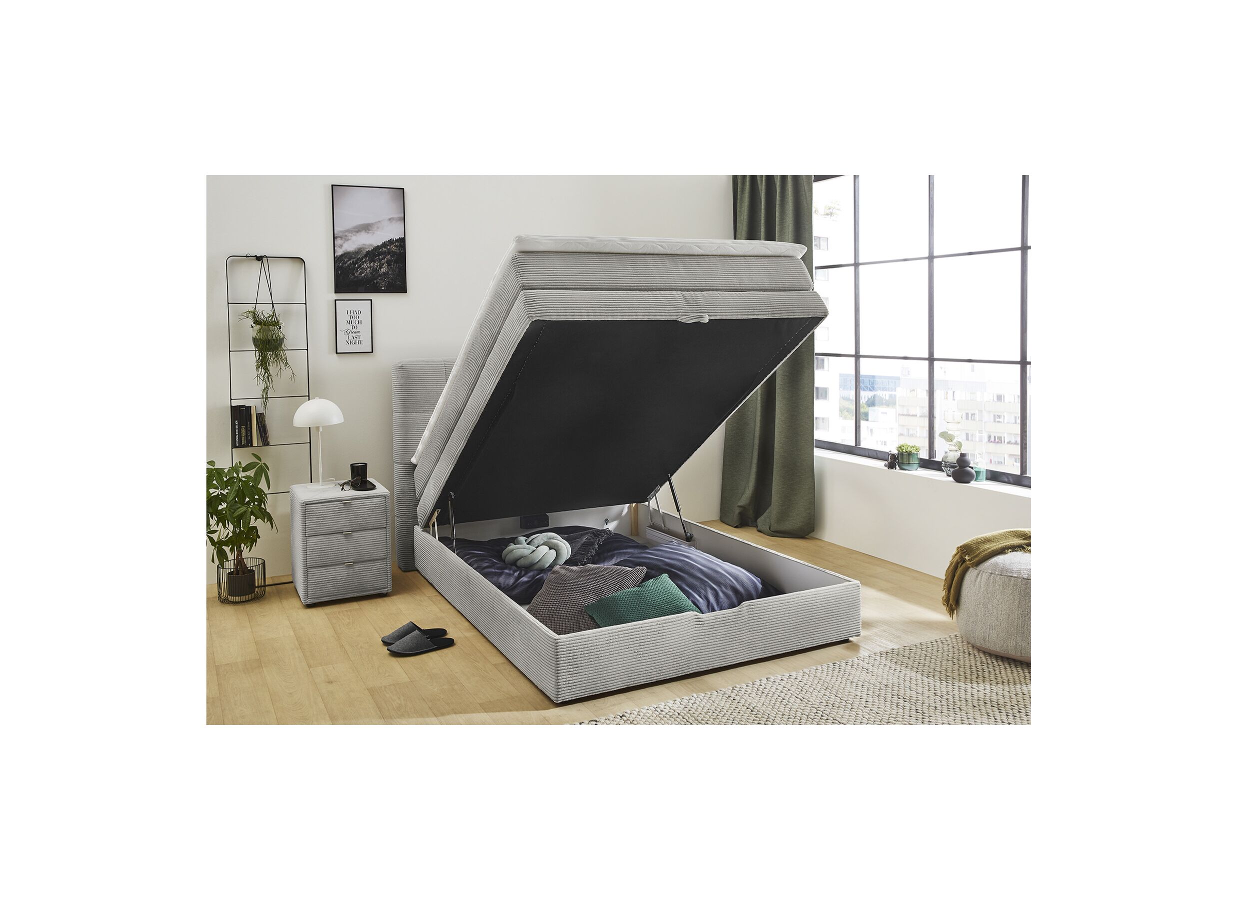 Indeling - Boxspring Amy 140x200cm met opbergruimte stof lichtgrijs