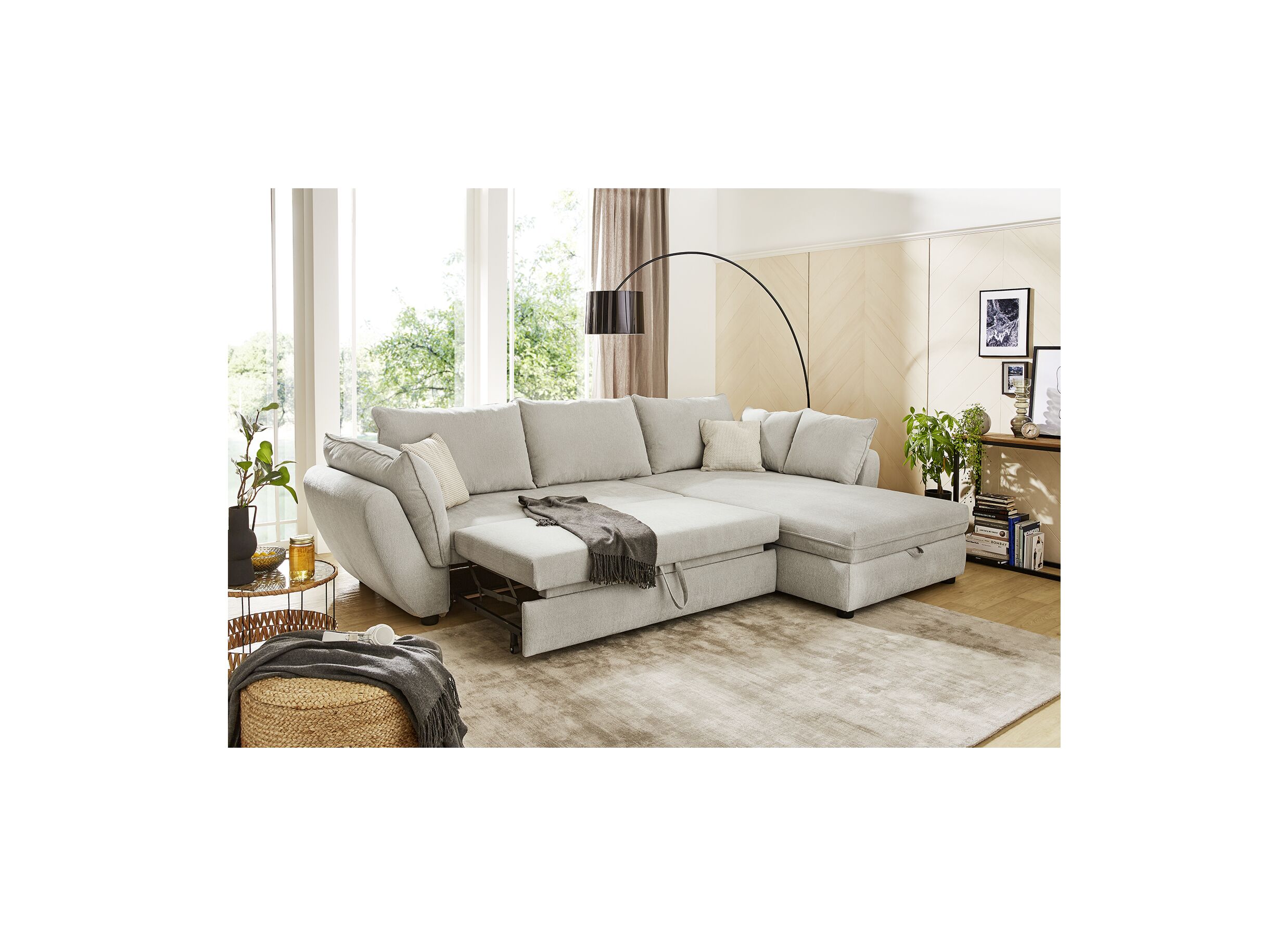 Canapé d'angle Jerez 303x205cm - tissu - greige avec fonction de lit et rangement