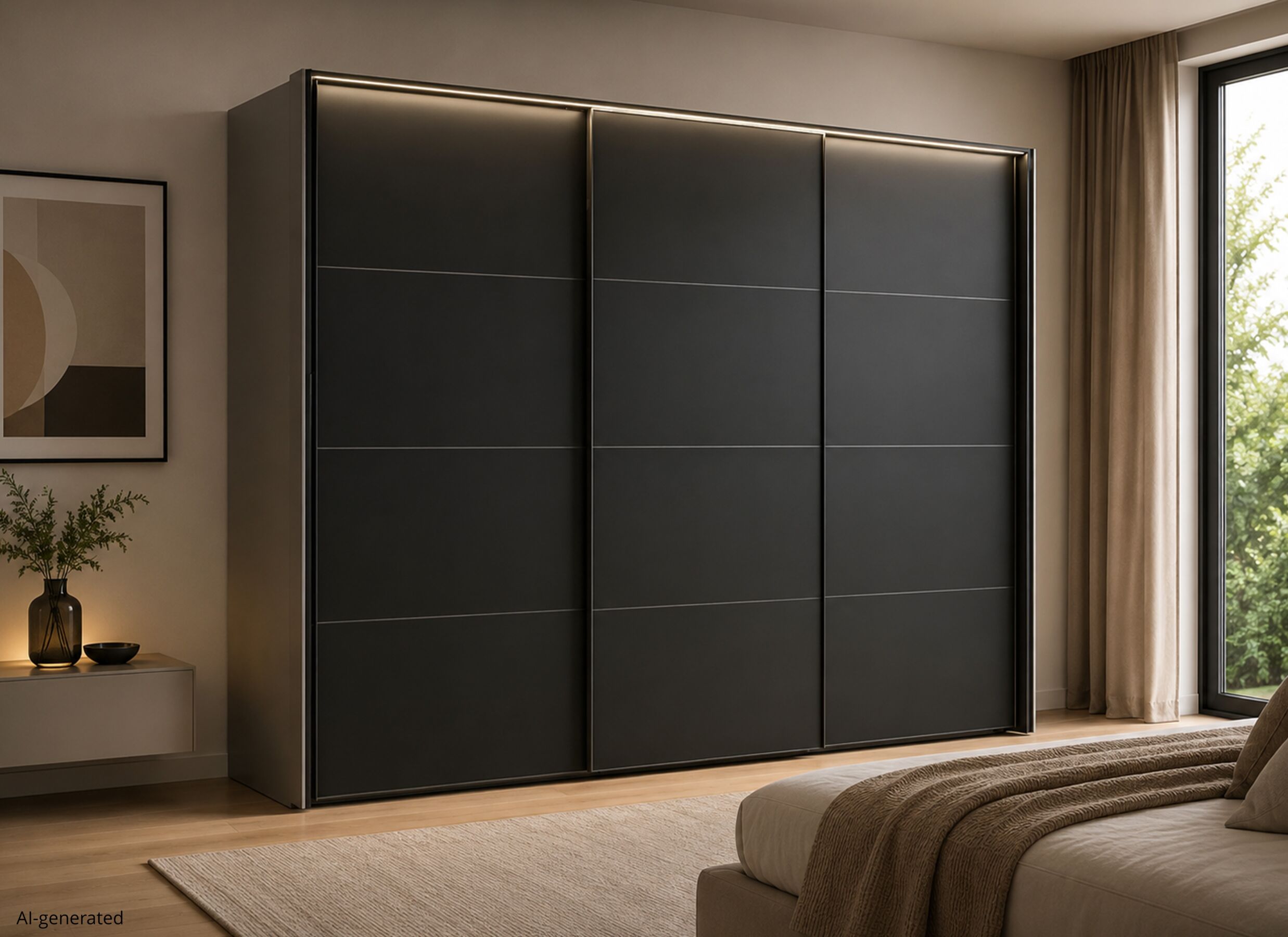 AI Generated - Armoire à portes coulissantes 300cm - décor - noir