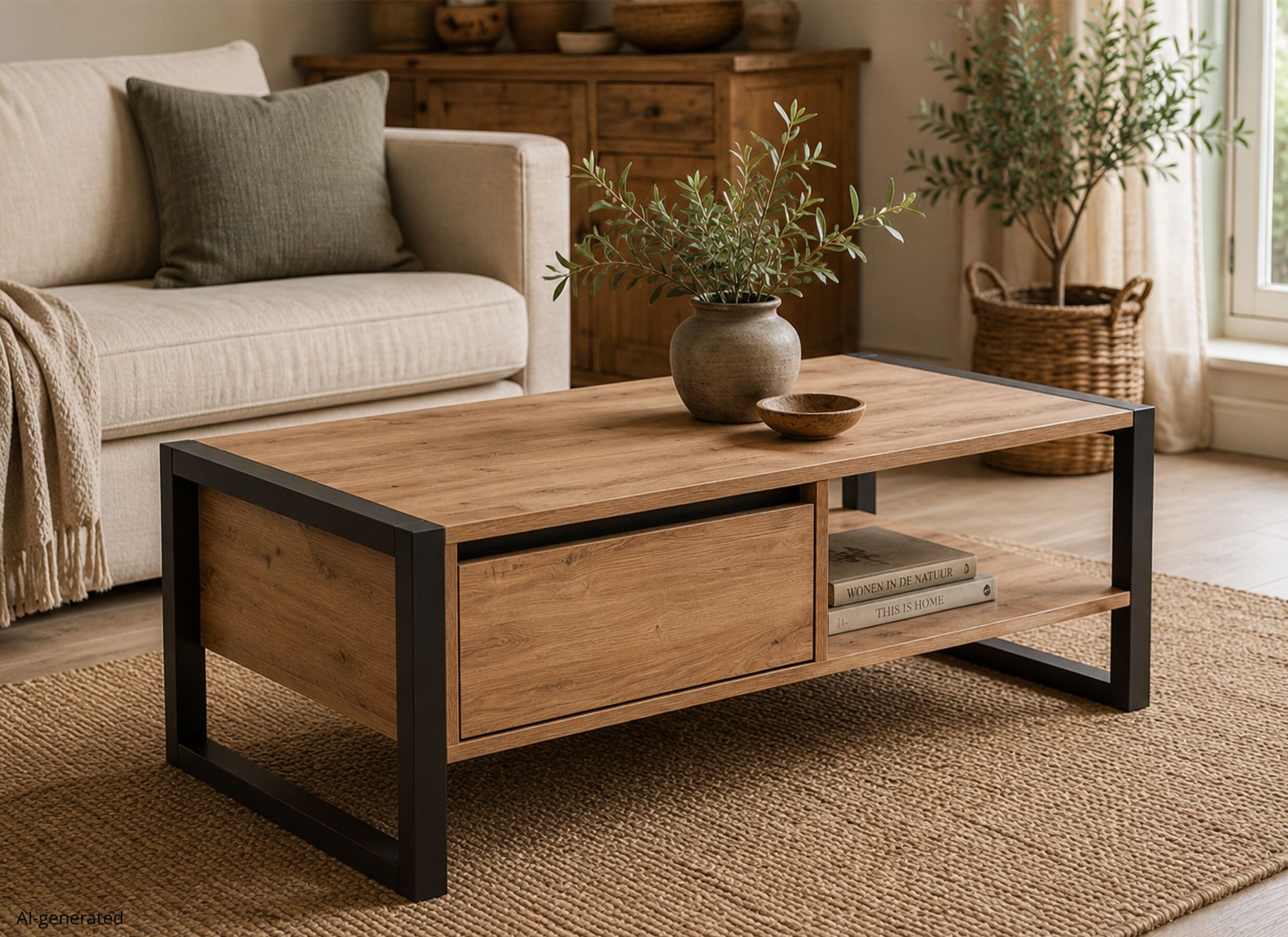 AI Generated - Table basse Denver 100x40cm - décor - chêne artisanal