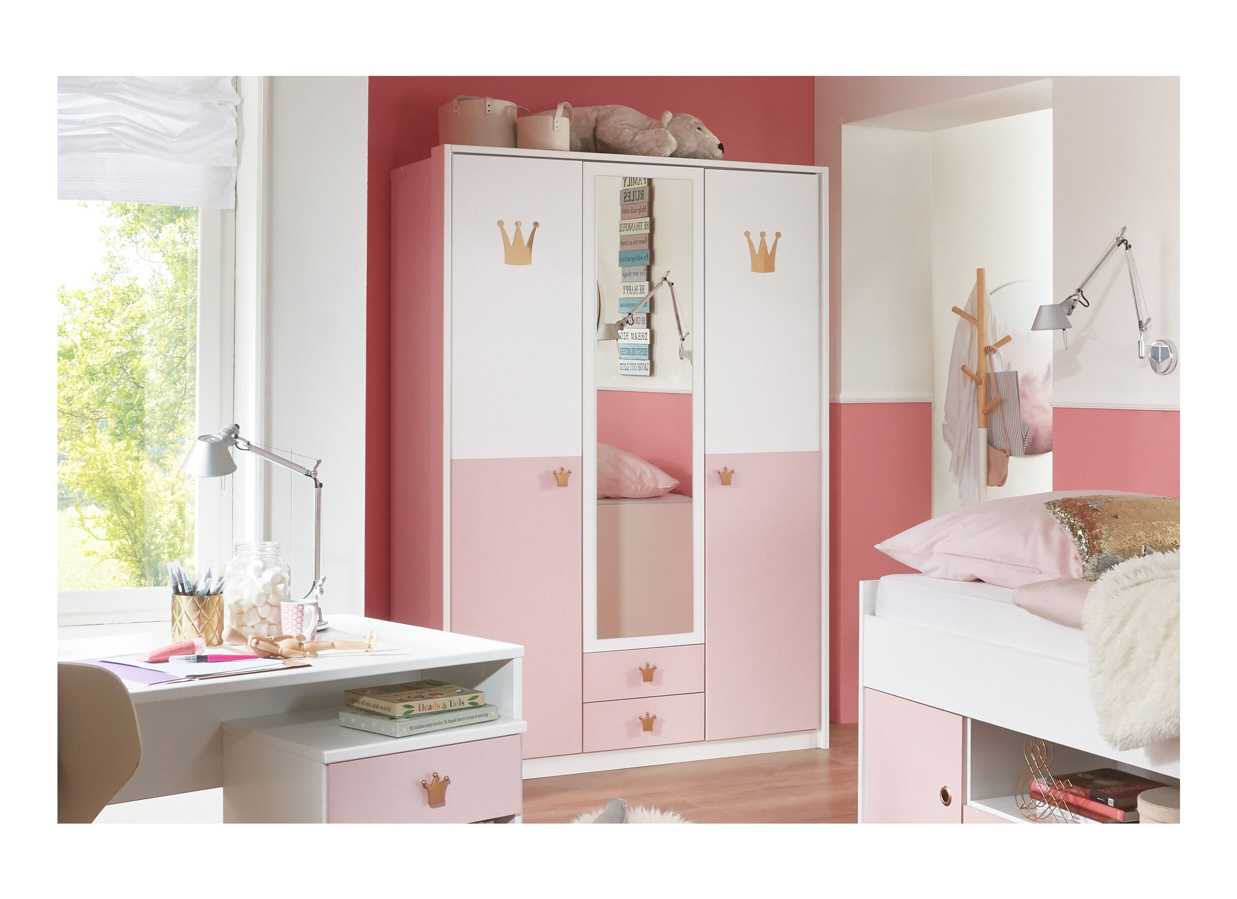 Kleerkast Cindy 139cm - decor - roze/wit