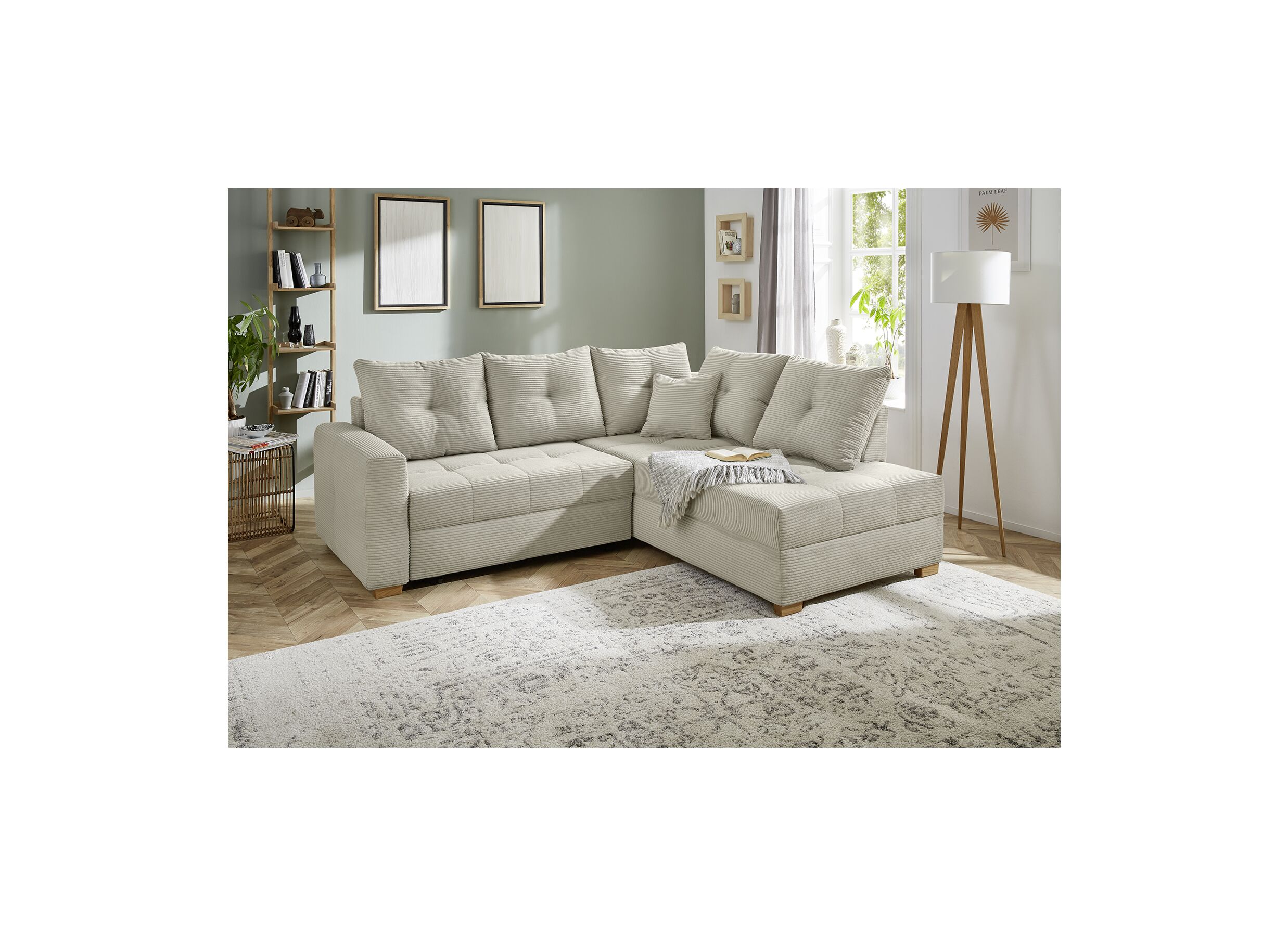 Hoeksalon Heidelberg 228x199cm - stof - lichtgrijs met bedfunctie, relax en opbergruimte