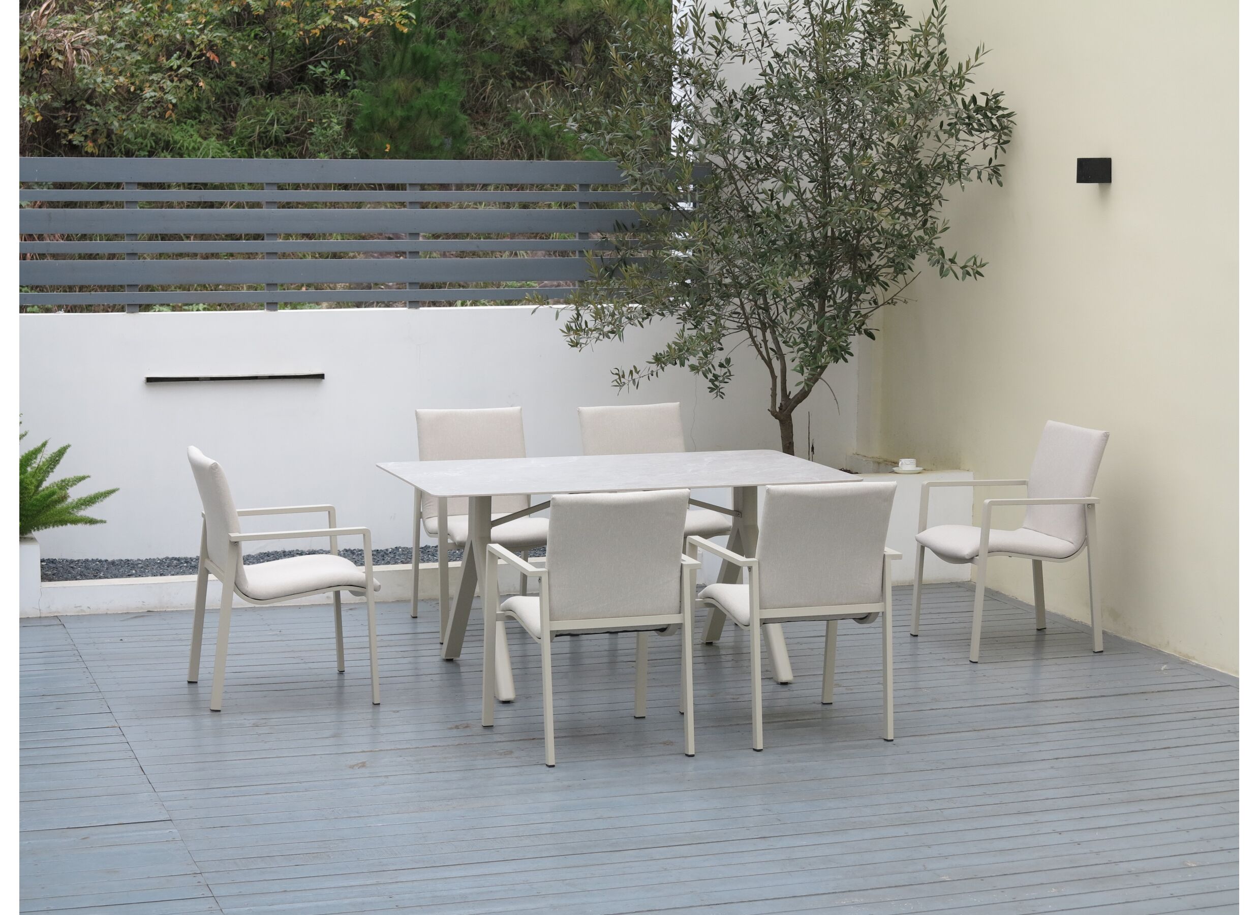 Photo ensemble - Table de jardin Oregano 160x90cm - aluminium MDF - greige