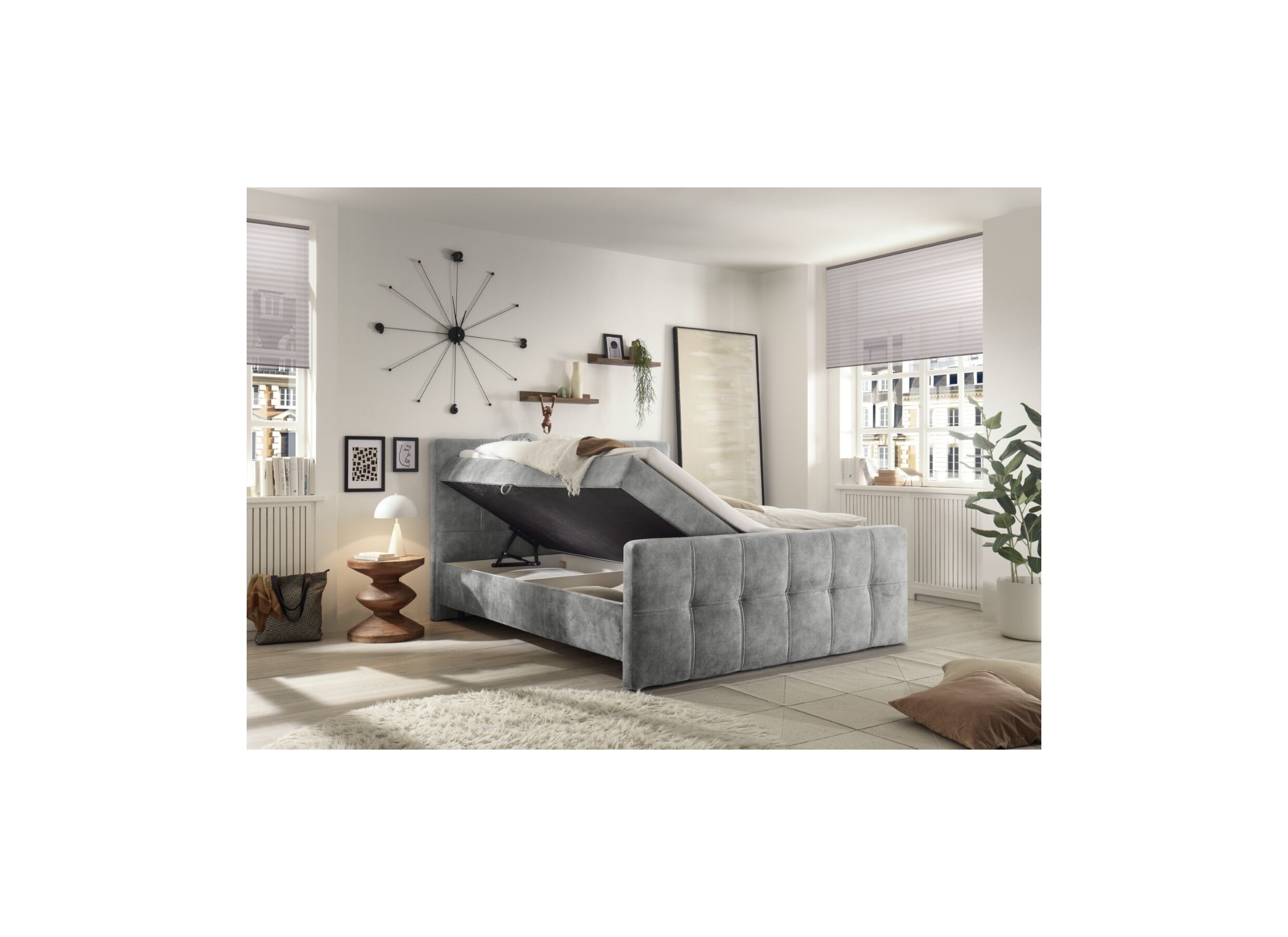 Foto ambiance - Lit box Valetta 160x200cm avec rangement tissu gris