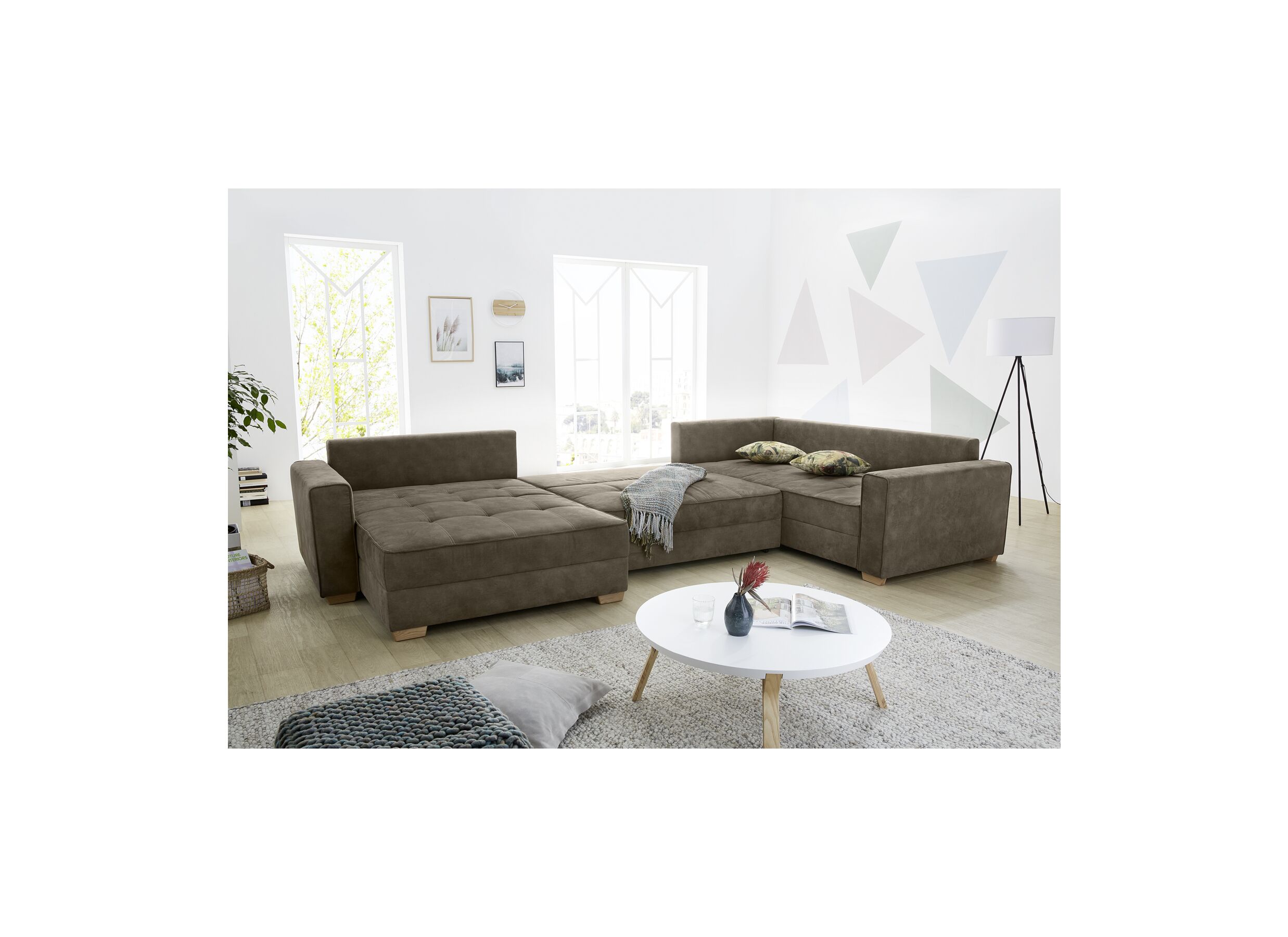 Hoeksalon Brixen 379x227cm - stof - bruin met bedfunctie