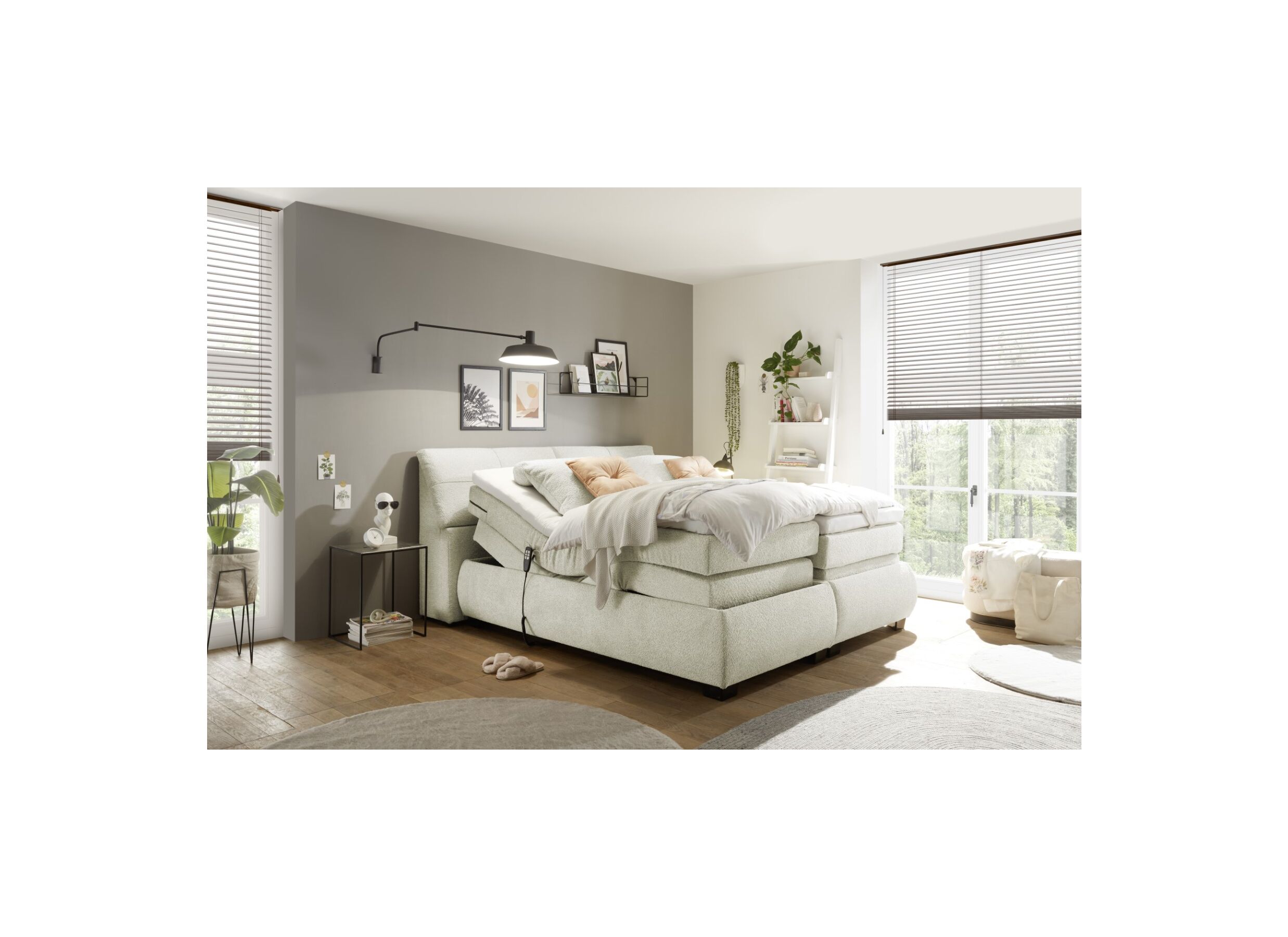 Foto ambiance - Boxspring Reynosa Gel 180x200cm avec rangement/électrique tissu ivoire