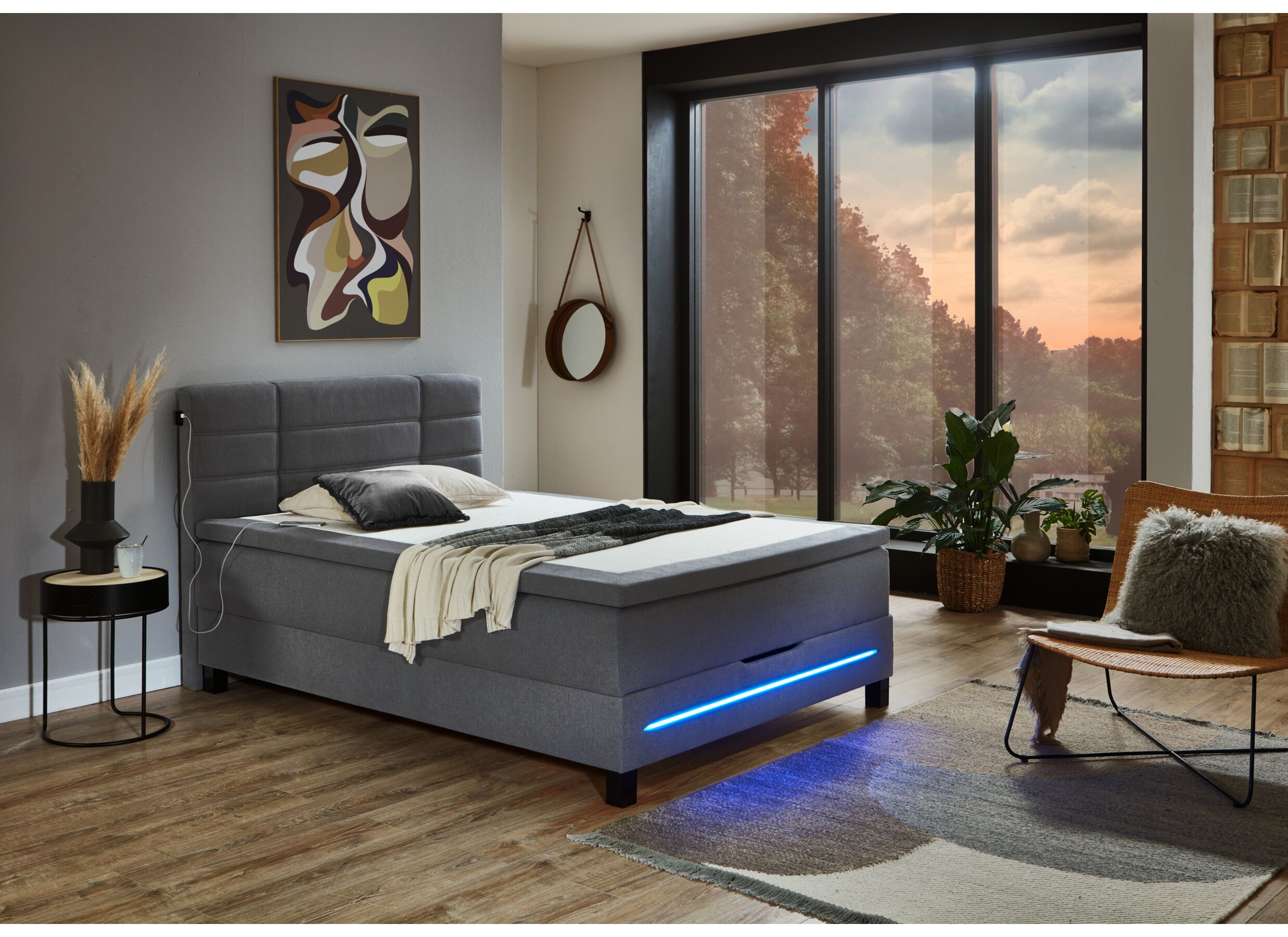 Sfeerfoto - Boxspring BX2260 140x200cm - stof - lichtgrijs met opbergruimte