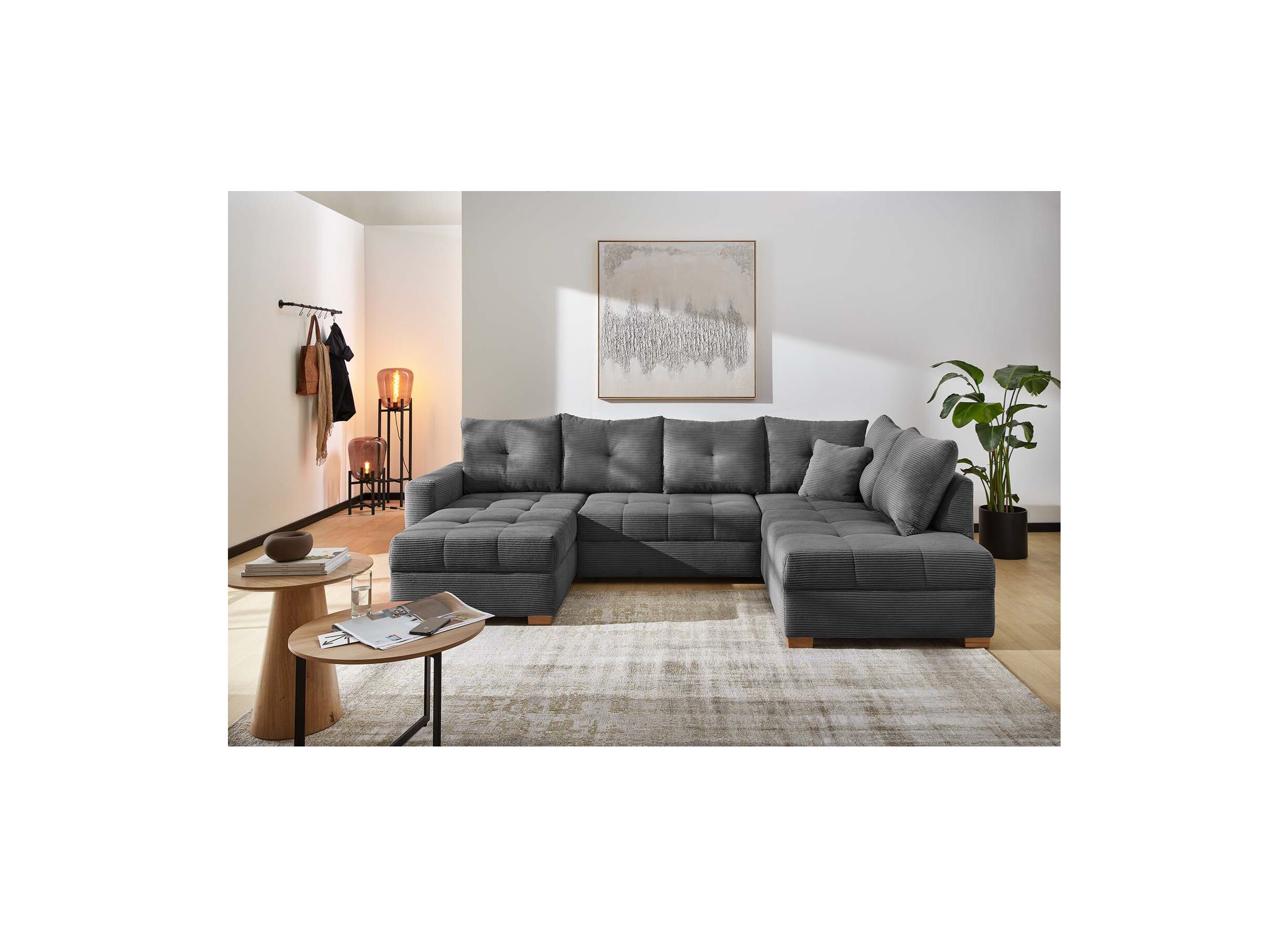 Foto ambiance - Canapé d'angle Abby 311x170cm - tissu - gris avec fonction lit