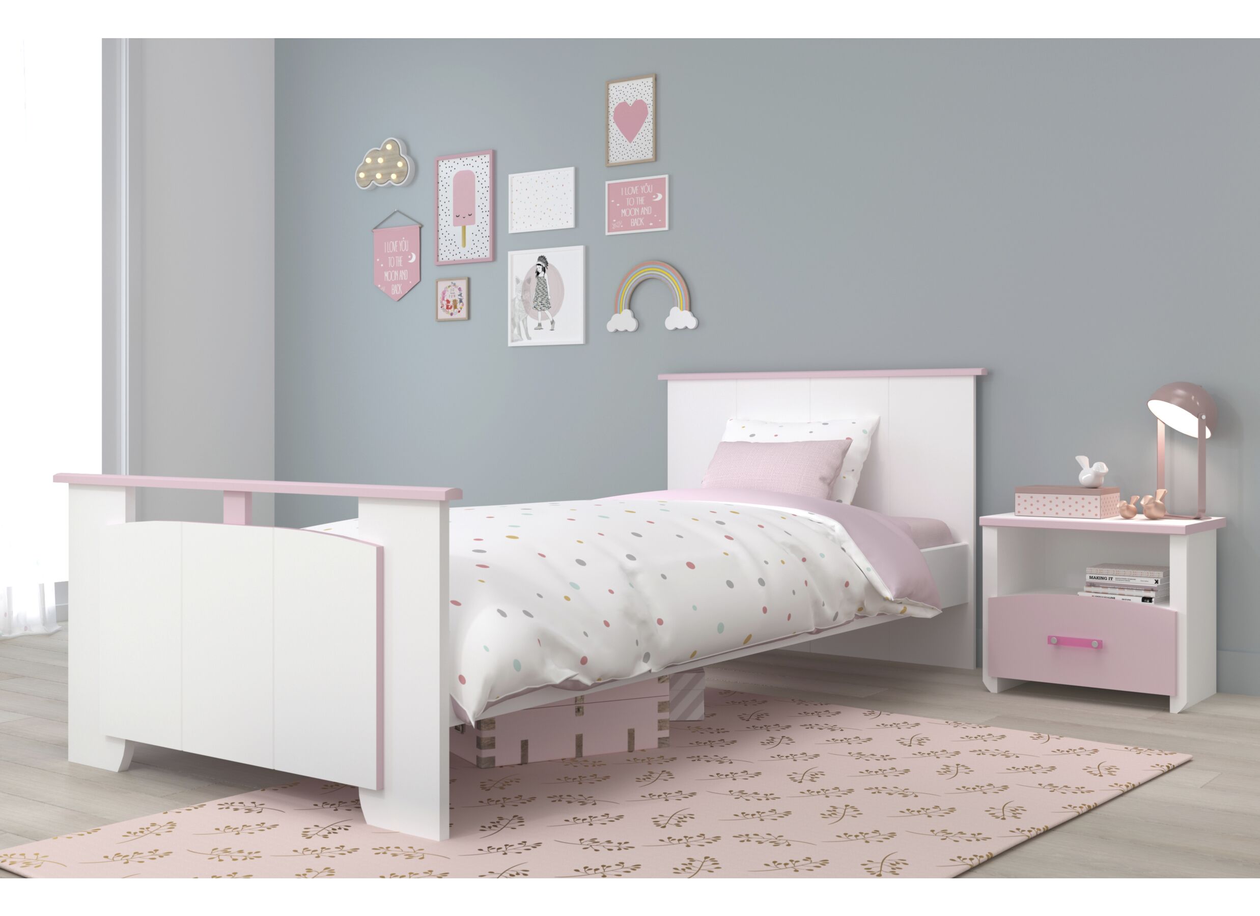 Lit Biotiful 90x200cm - décor - blanc & rose indien