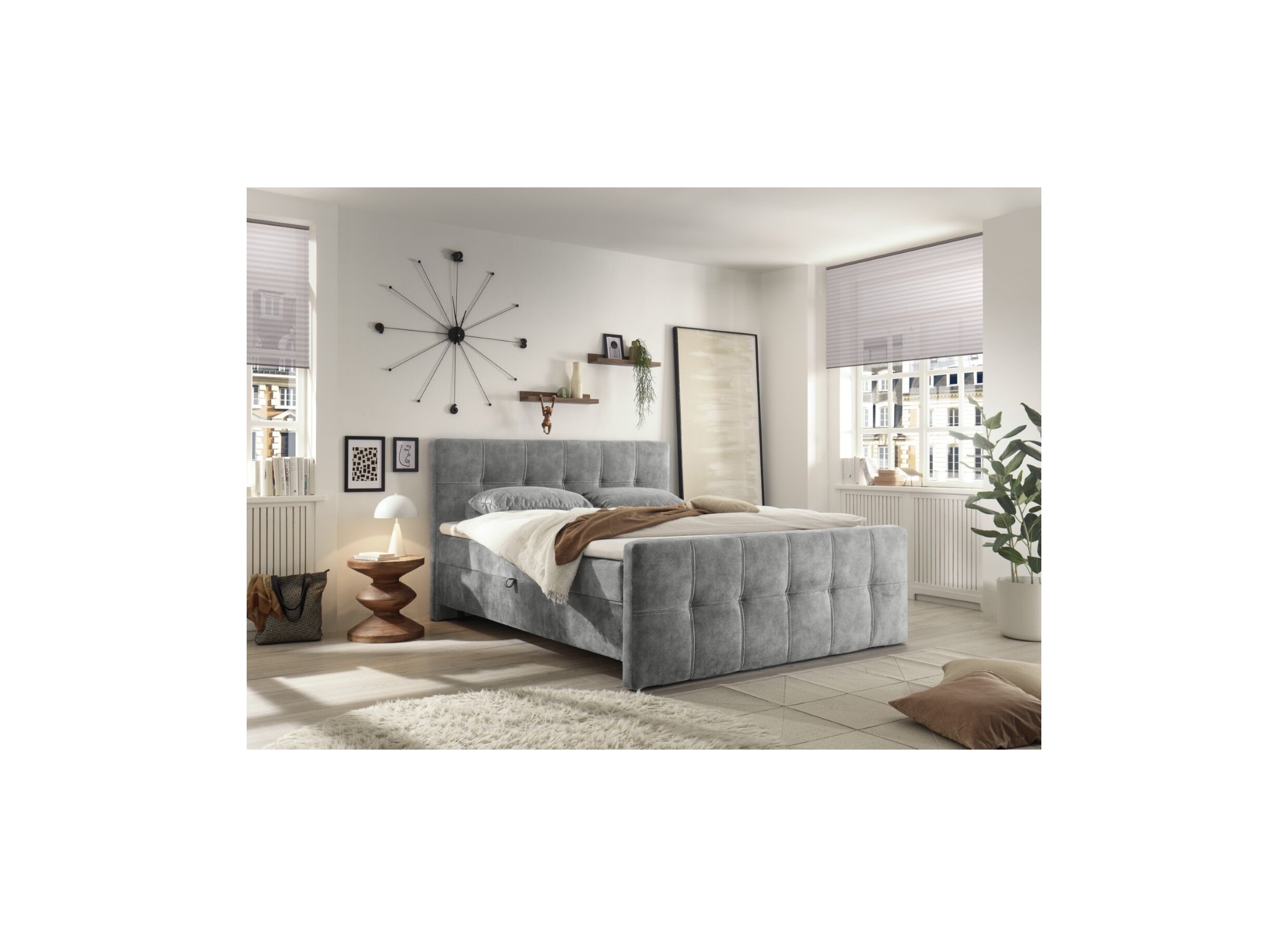 Foto ambiance - Lit box Valetta 160x200cm avec rangement tissu gris