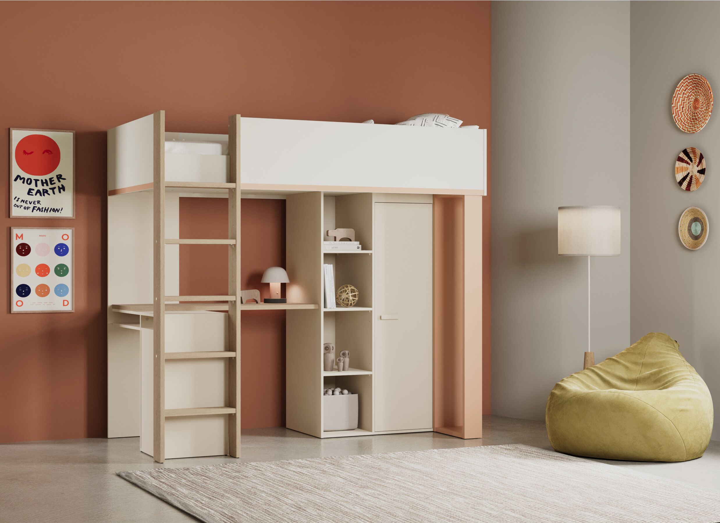 Sfeerfoto - Hoogslaper Camilia 90x200cm - decor - zand beige met bureau en opbergruimte