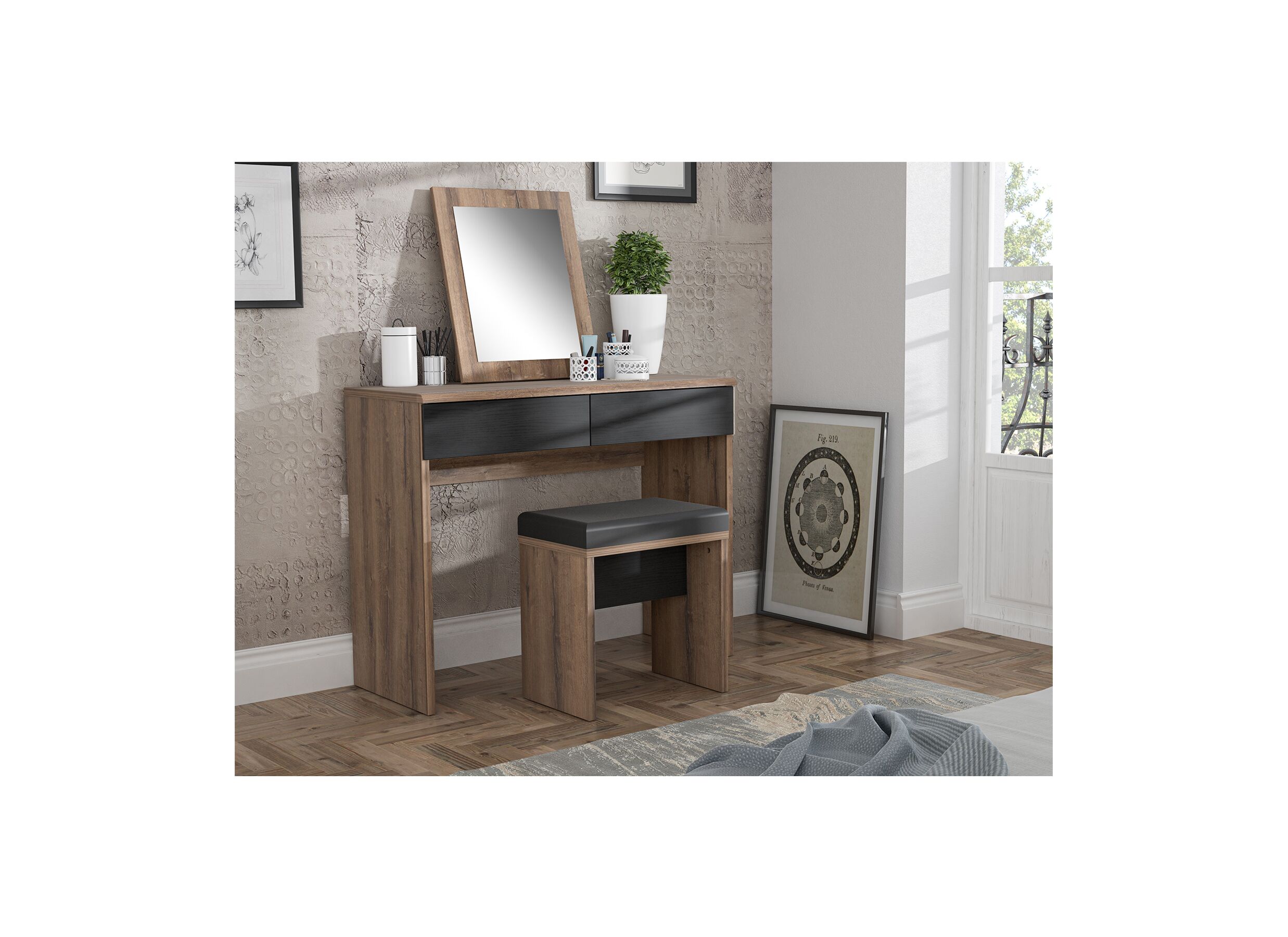 Make-up tafel Dolce met spiegel 100x42x132cm - meubelplaat - mud oak/black oak