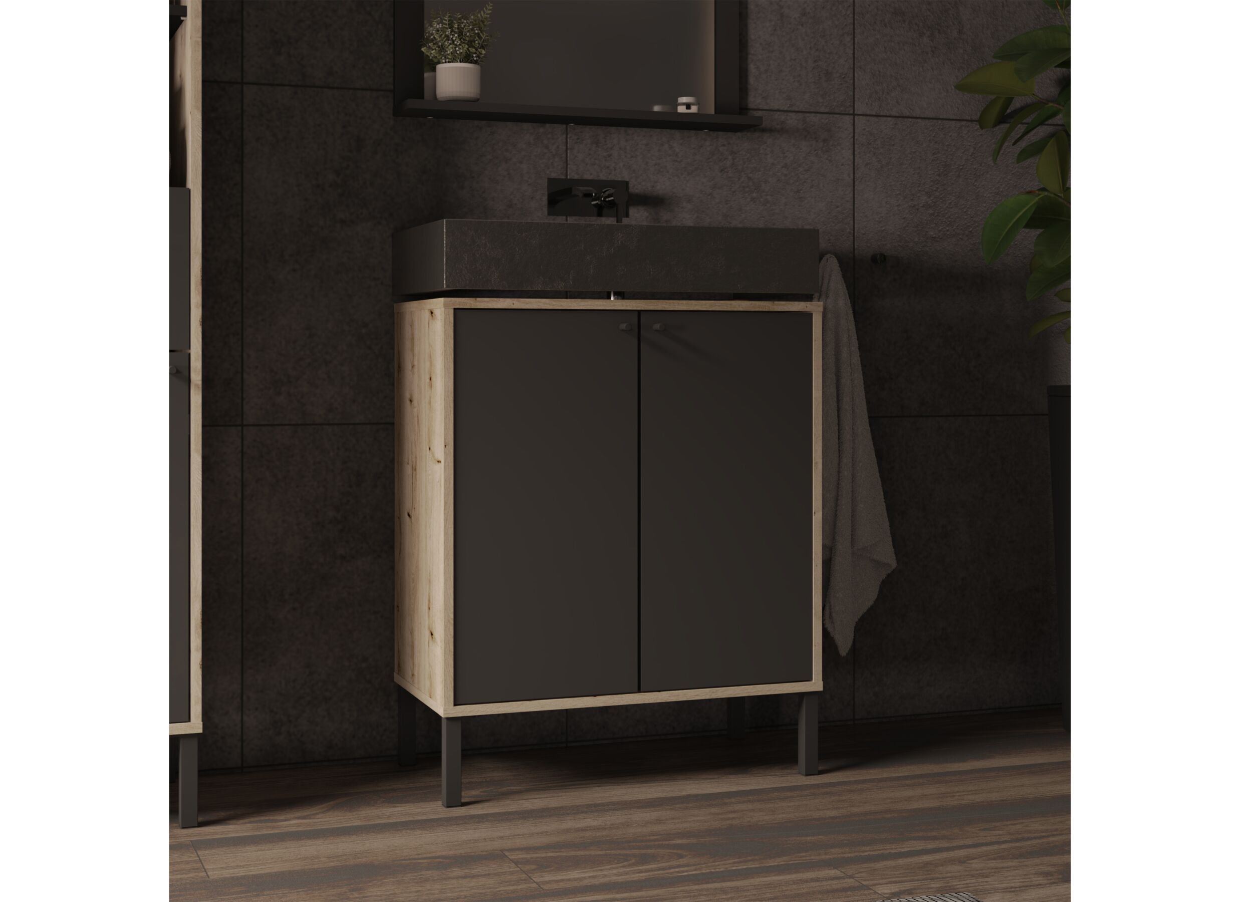 Foto ambiance - Meuble sous-lavabo Lagon 64x78x33cm - mélamine - chêne royal & noir