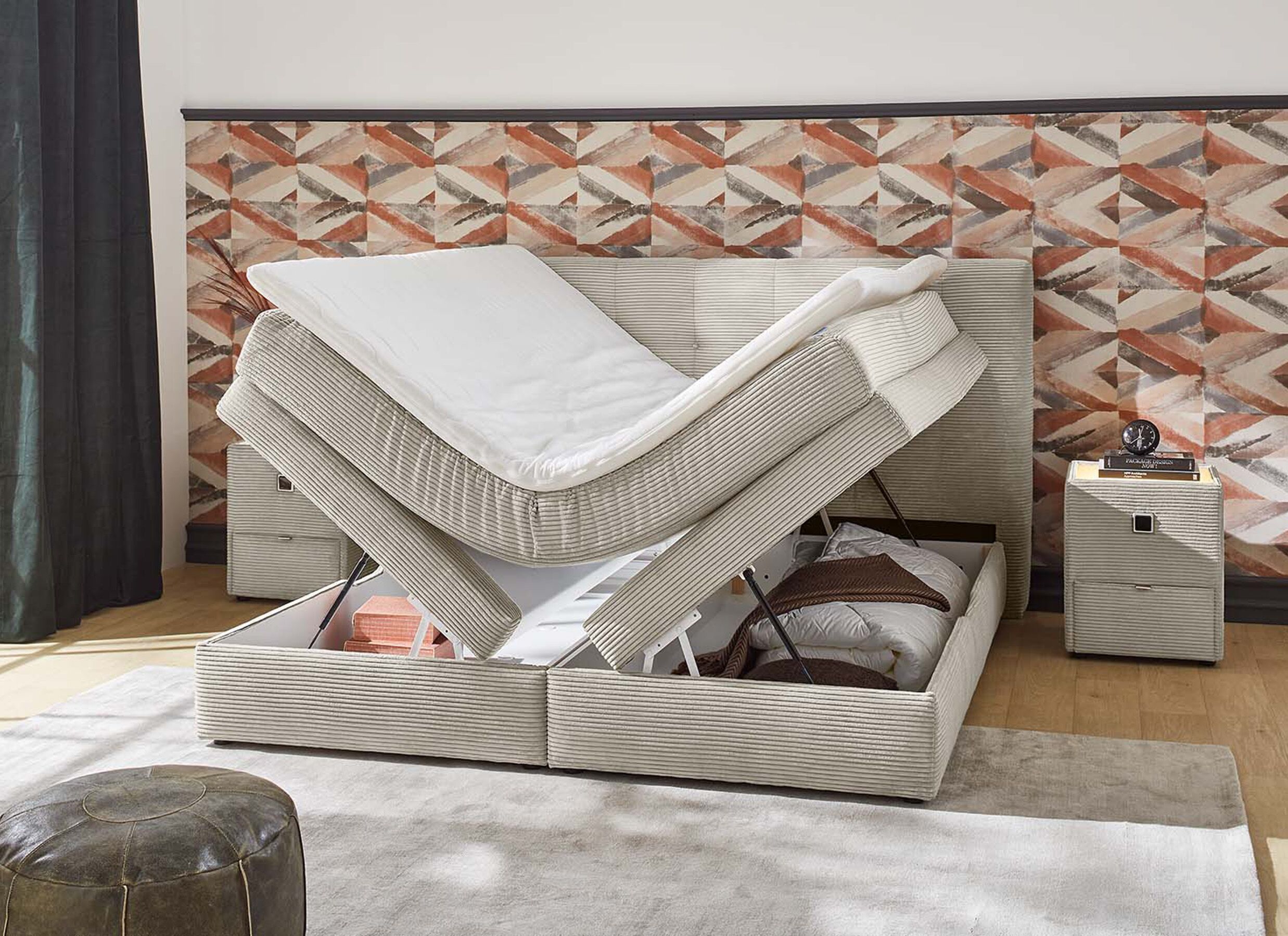 Aperçu - Boxspring Amy 180x200cm - tissu - greige avec rangement