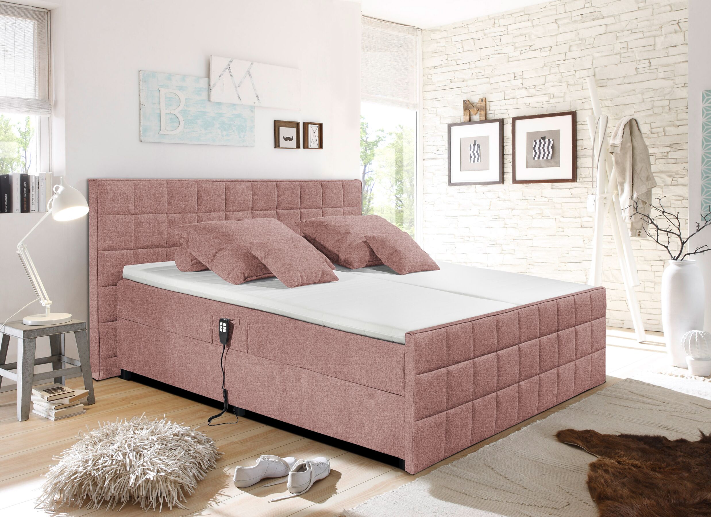 Foto ambiance - Lit box Gabun 180x200cm - tissu - flamingo électrique