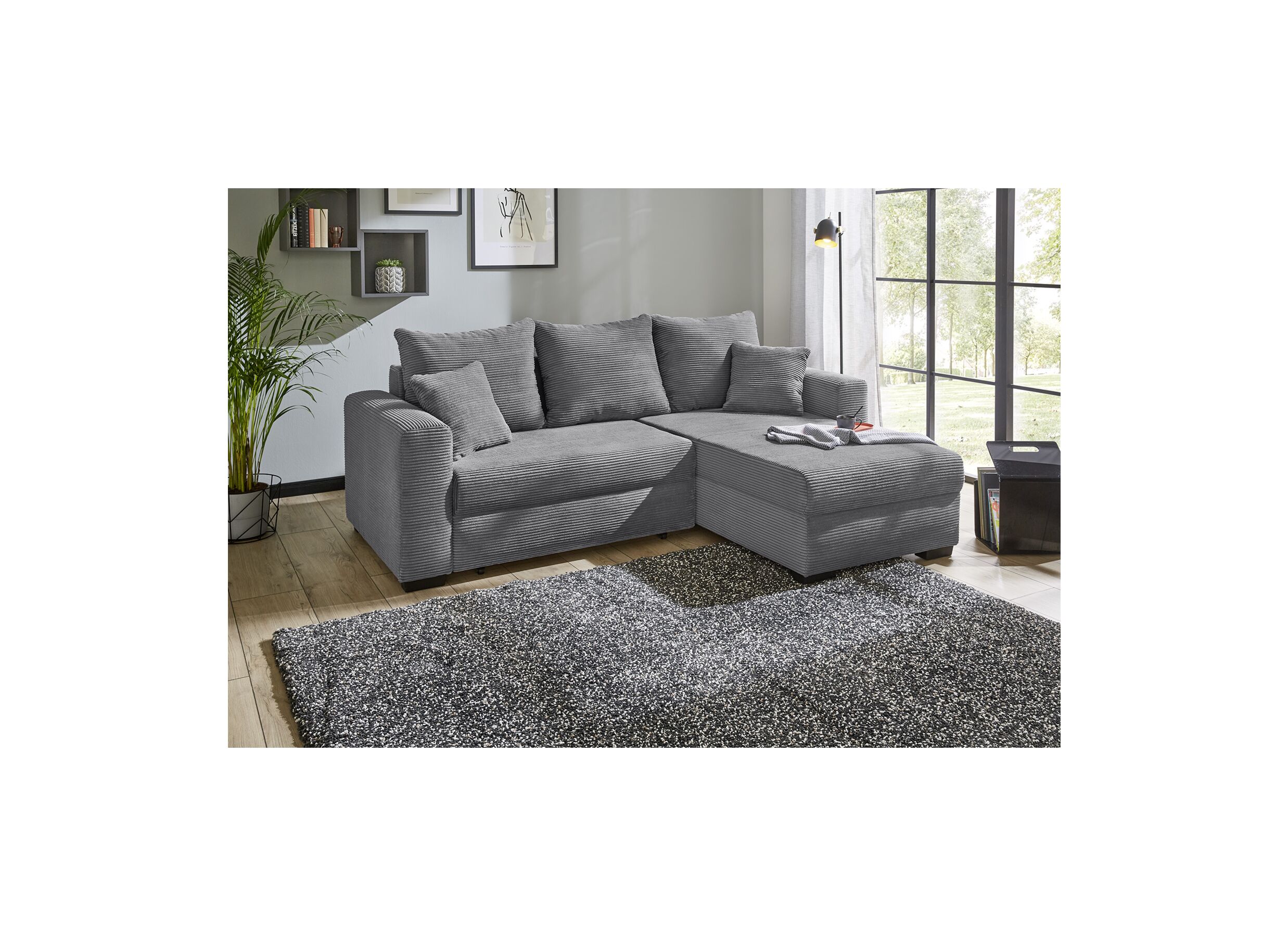 Canapé d'angle Elmau 235x169cm - tissu - gris avec fonction lit et rangement