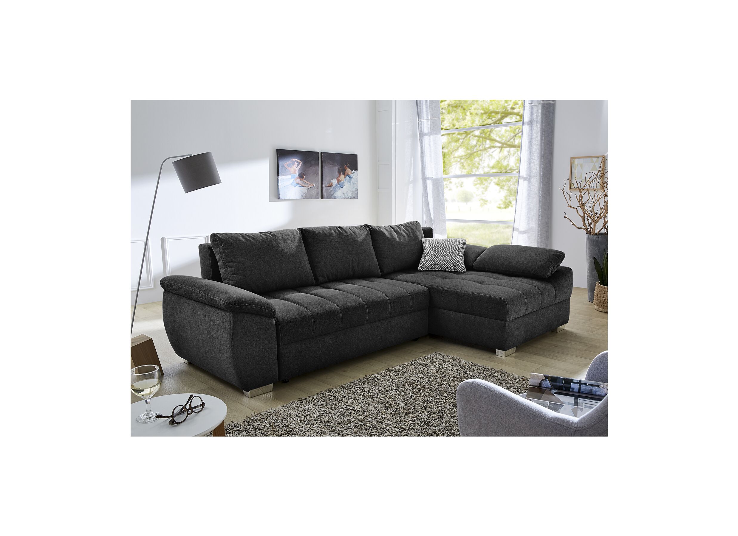 Hoeksalon Alster 268x161cm - stof - zwart met bedfunctie