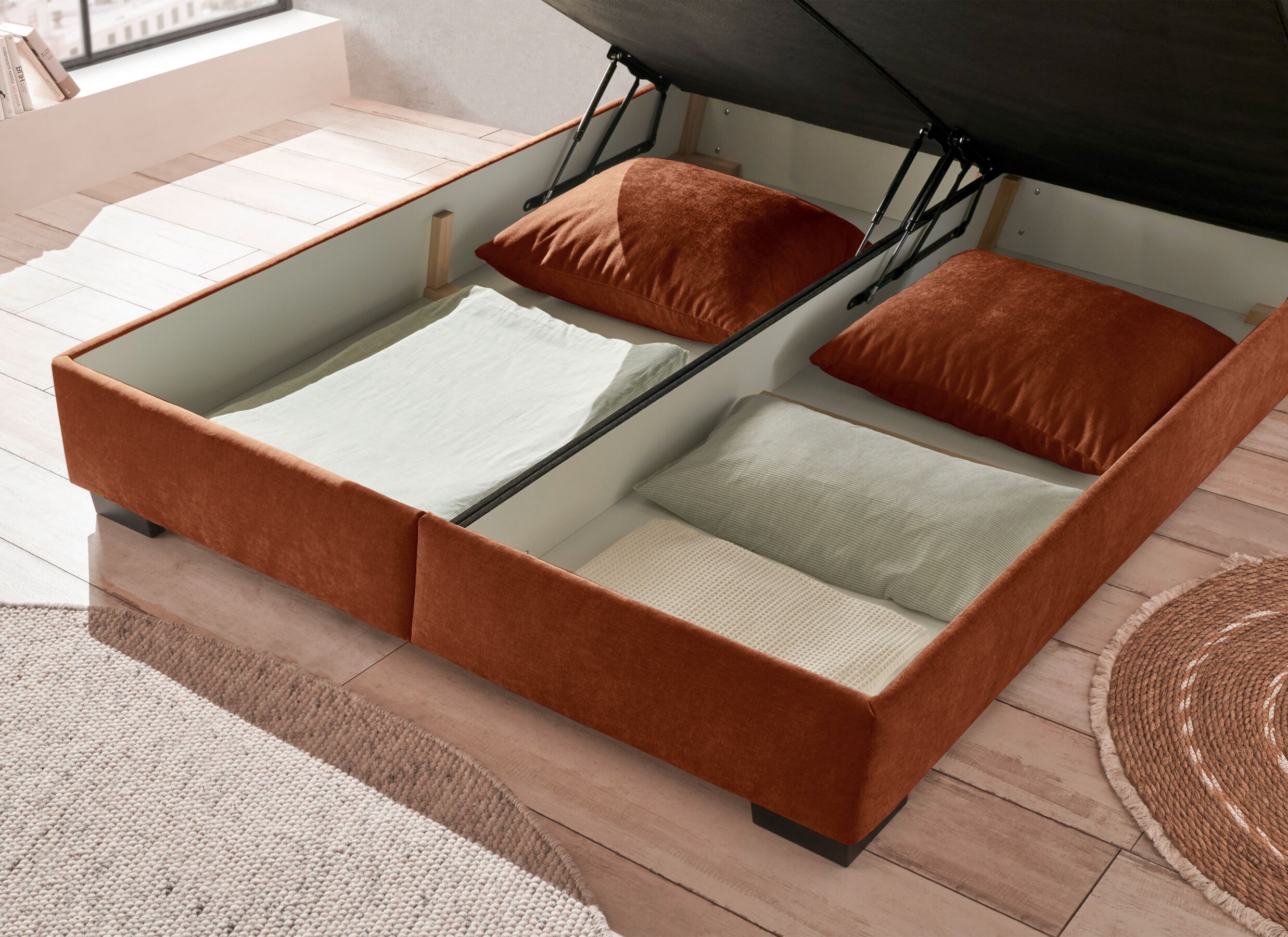 Foto ambiance - Lit box Nagol C 180x200cm - tissu - cognac avec rangement