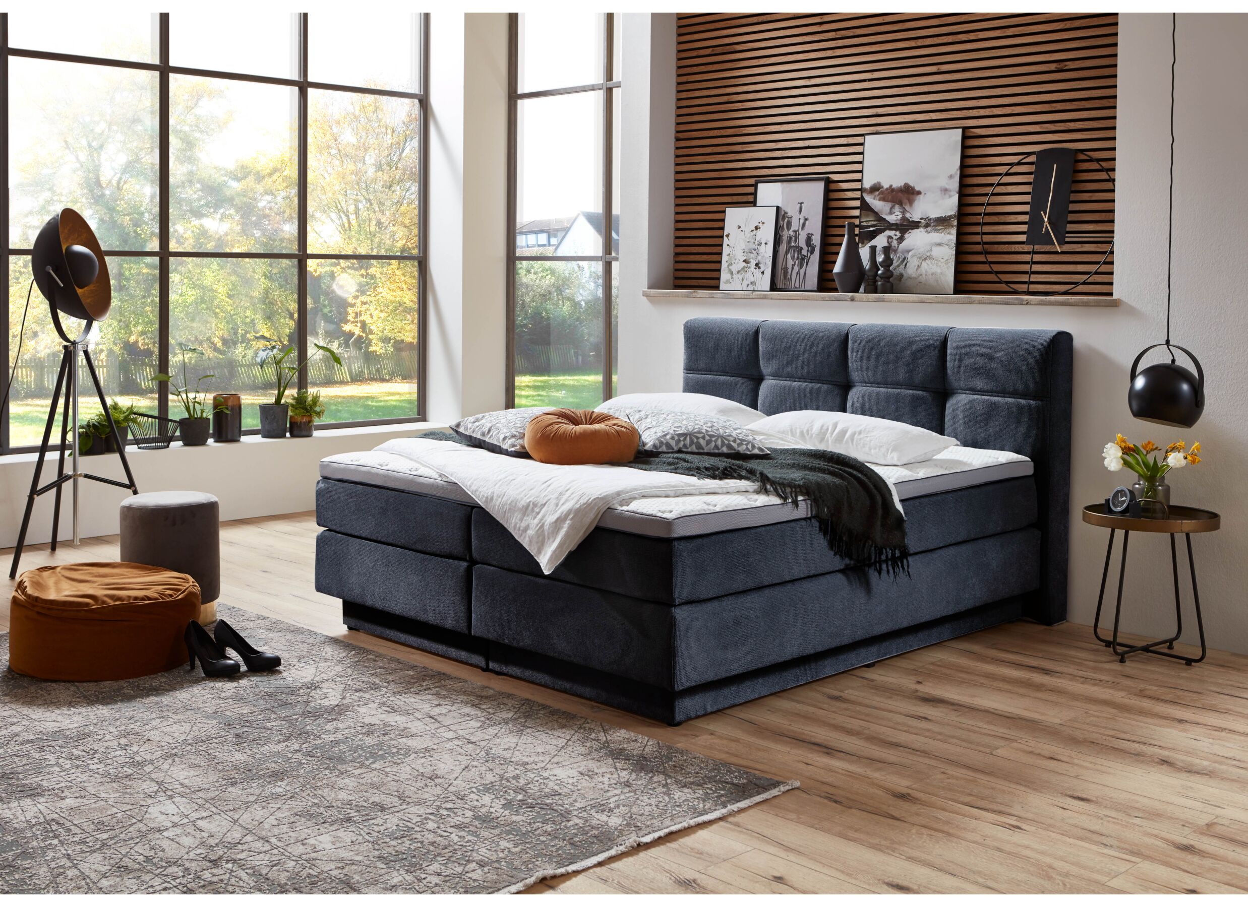 Foto ambiance - Boxspring BX2110 Portage 180x200cm - tissu - gris bleu avec rangement