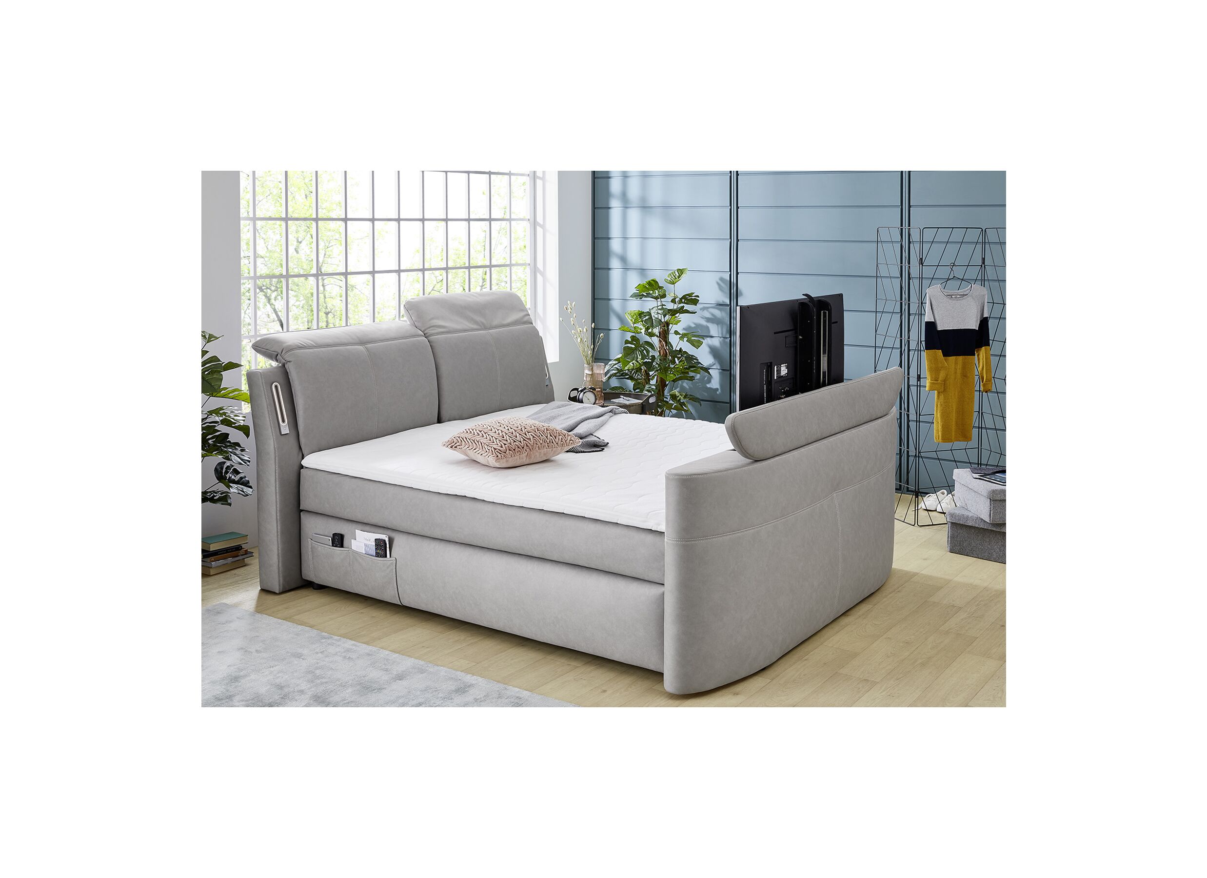 Overzichtsfoto - Boxspring Moviestar Max 180x200cm - stof - lichtgrijs met tv-lift