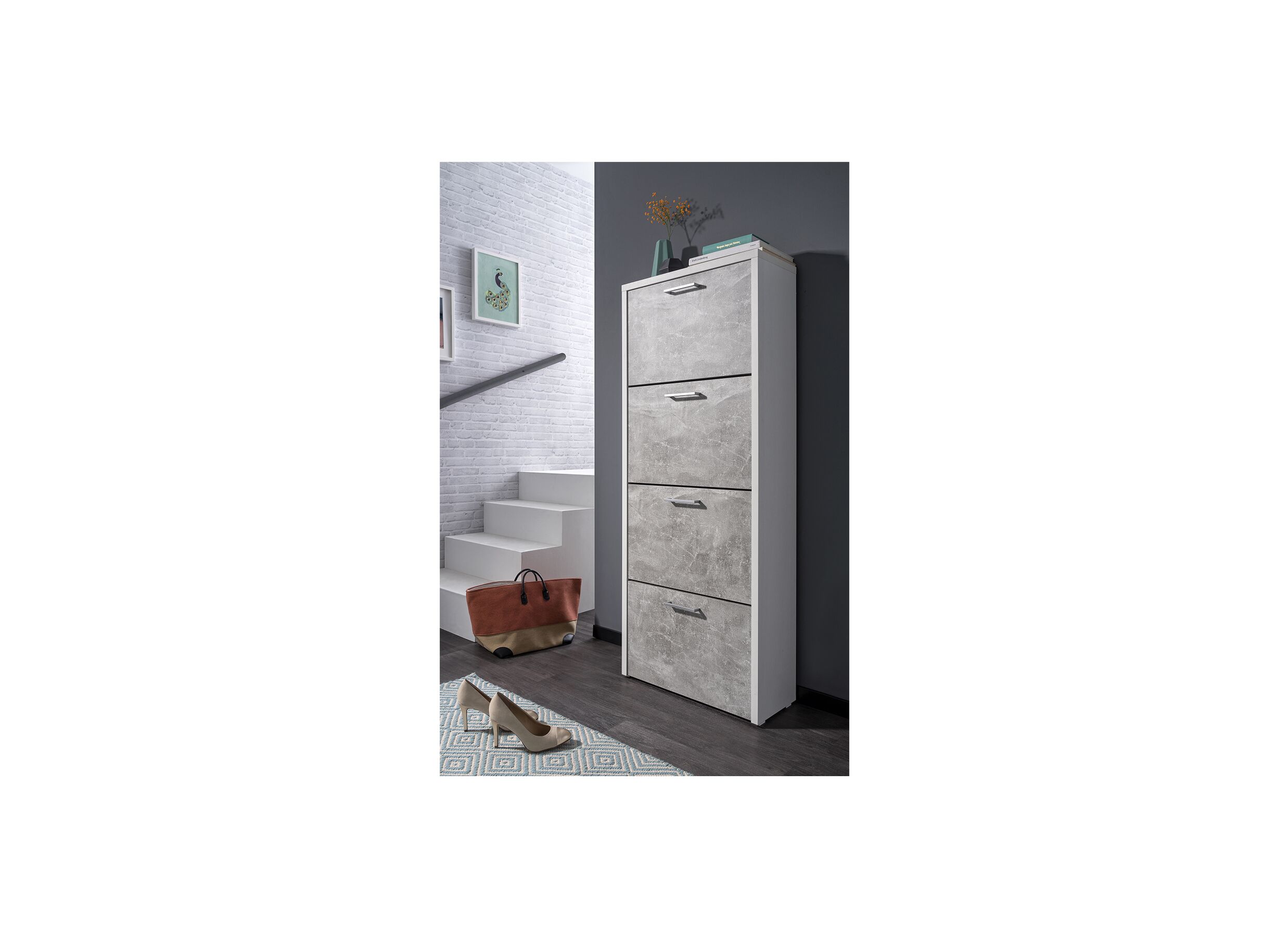 Sfeerfoto - Schoenenkast Fulda 60x25x152cm - melamine - beton & wit