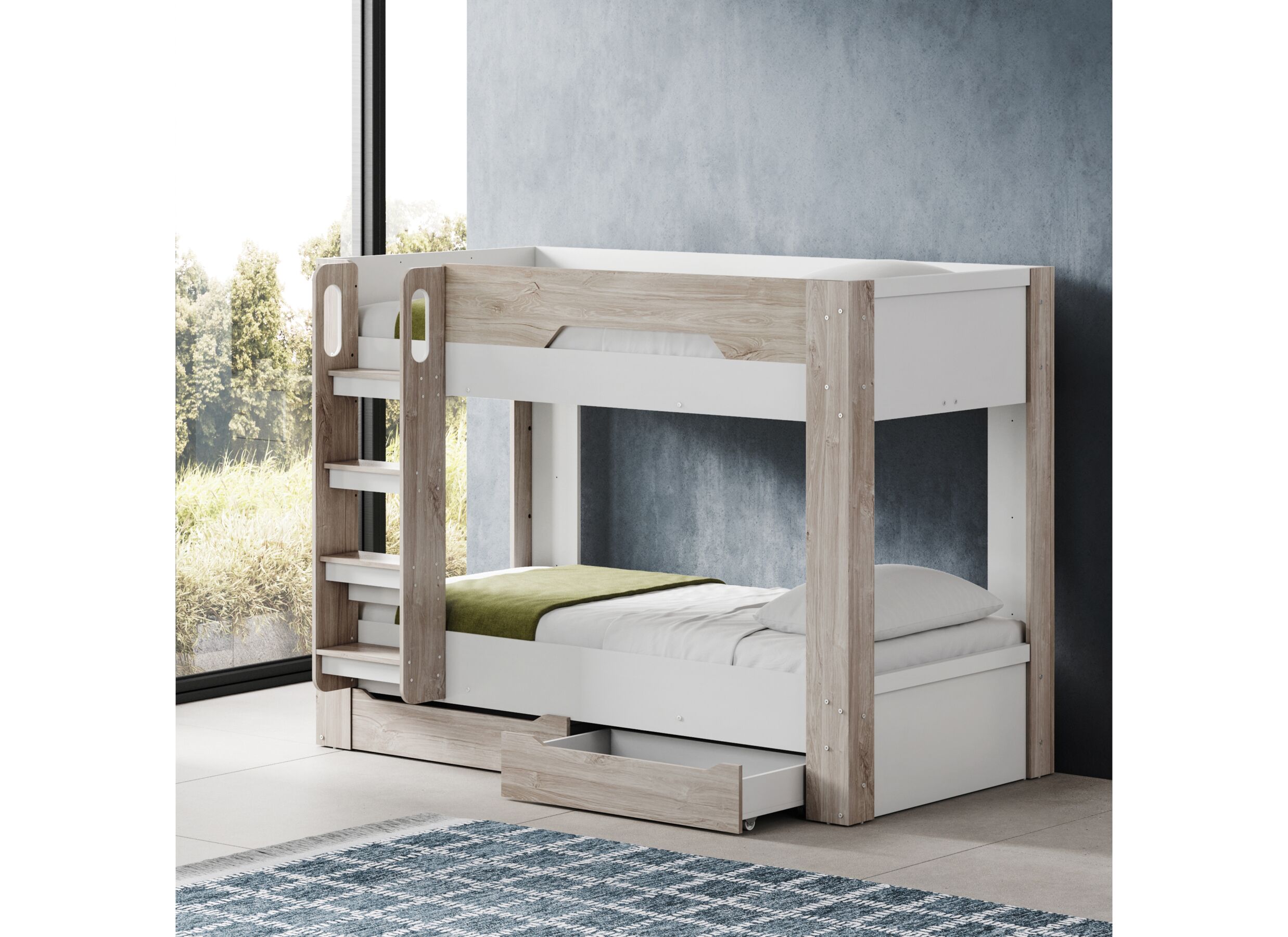 Foto ambiance - Lit superposé Evora 90x200cm - décor - ivory oak & blanc avec rangement