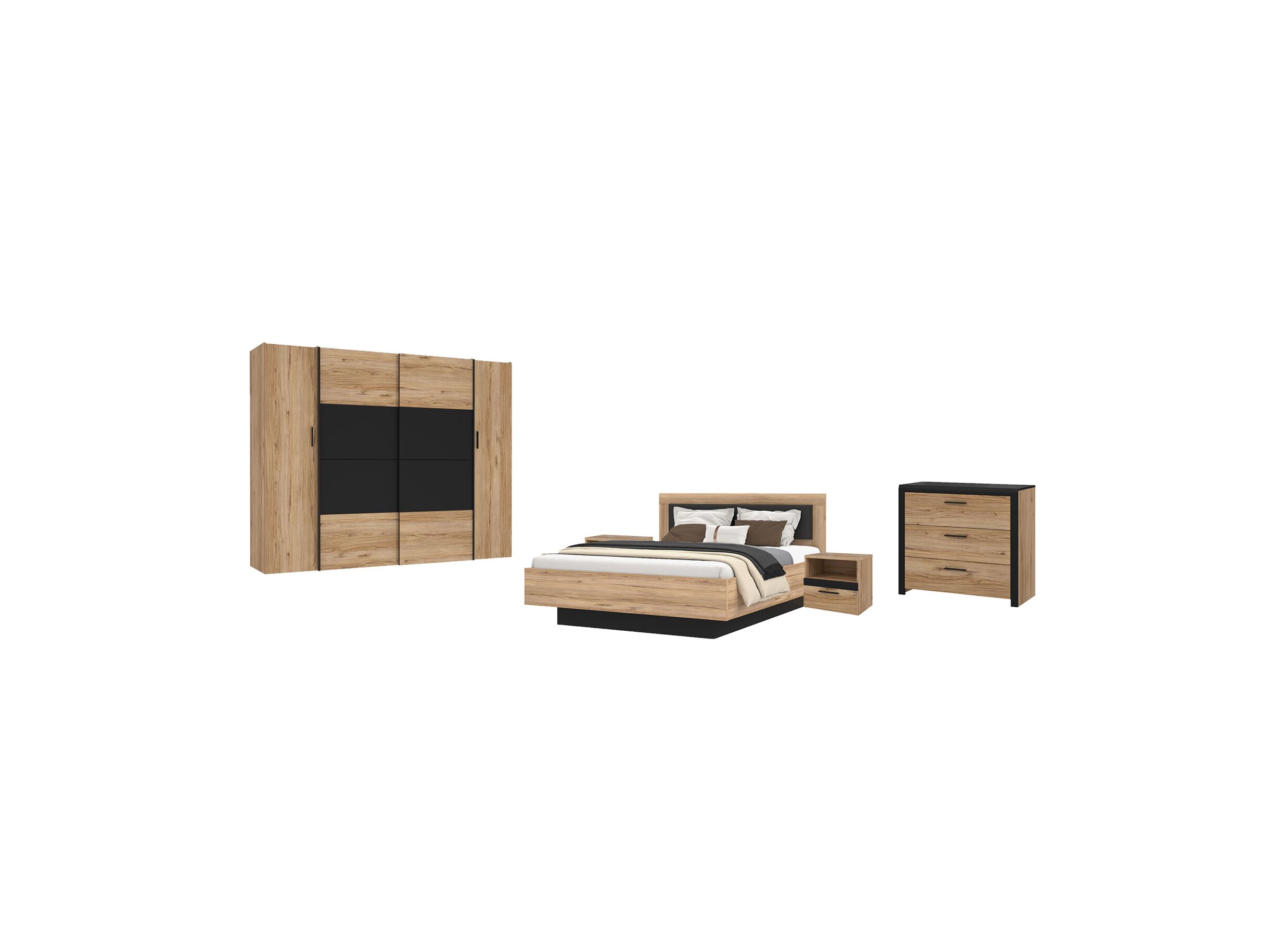 Chambre à coucher Dalate avec lit 160x200cm avec rangement - garde-robe 270cm - commode 101cm - Chambre à coucher Dalate avec lit 160x200cm avec rangement - garde-robe 270cm - commode 101cm