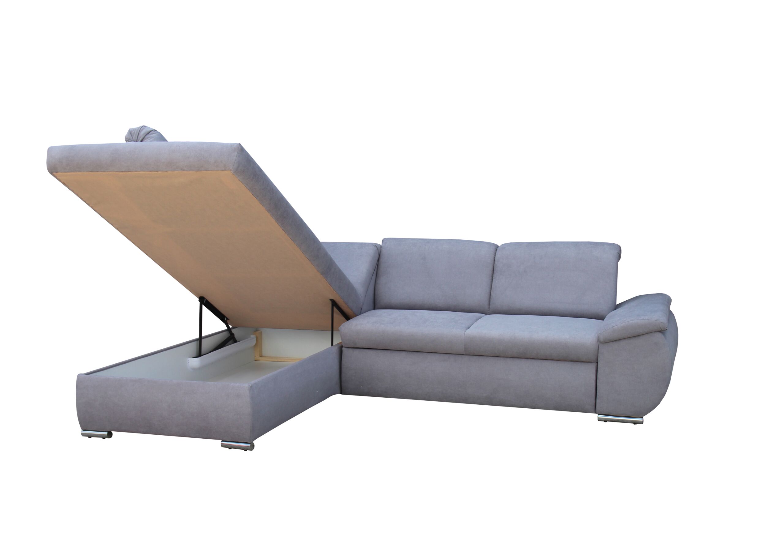 Canapé d'angle Caro 197x272cm - tissu - gris moyen avec fonction de lit et rangement