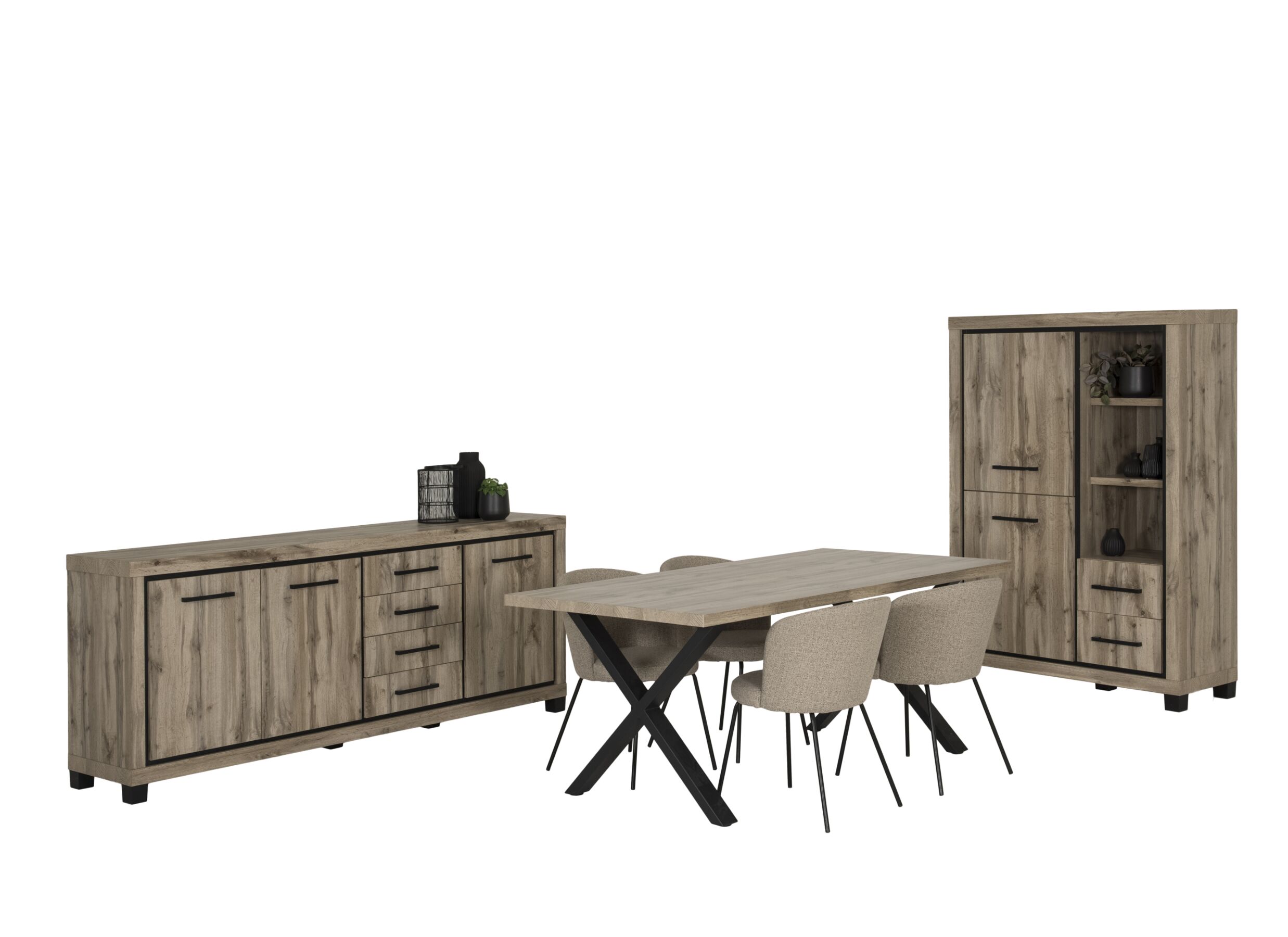 Hoofdfoto - Eetkamer Elegance met 4 stoelen Pallada - tafel 220x95cm - dressoir 225cm - barkast 114cm