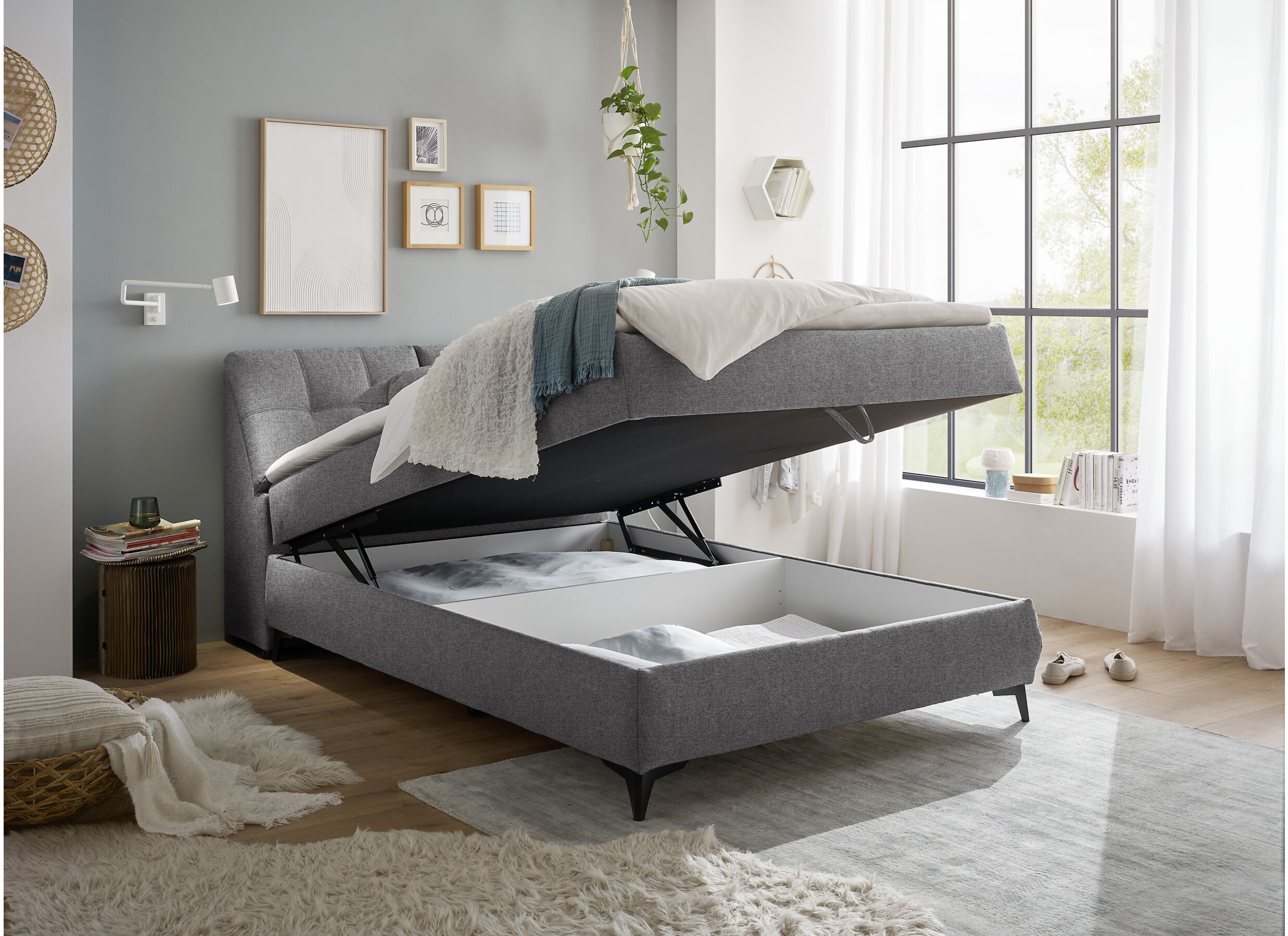 Foto ambiance - Lit box Atlantis 140x200cm avec rangement tissu gris foncé