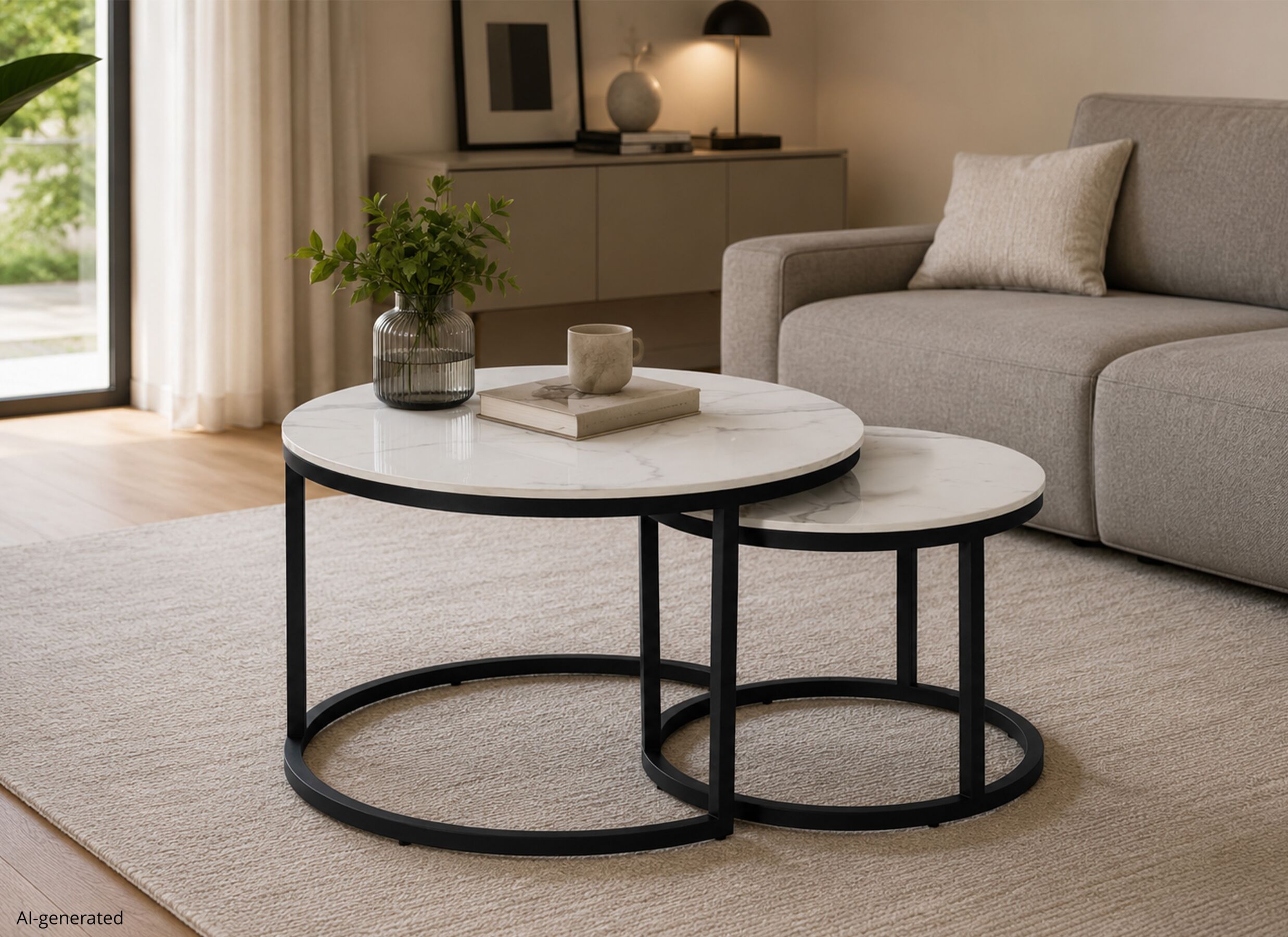 AI Generated - Table basse Ø70/Ø50cm - céramique - blanc lot de 2