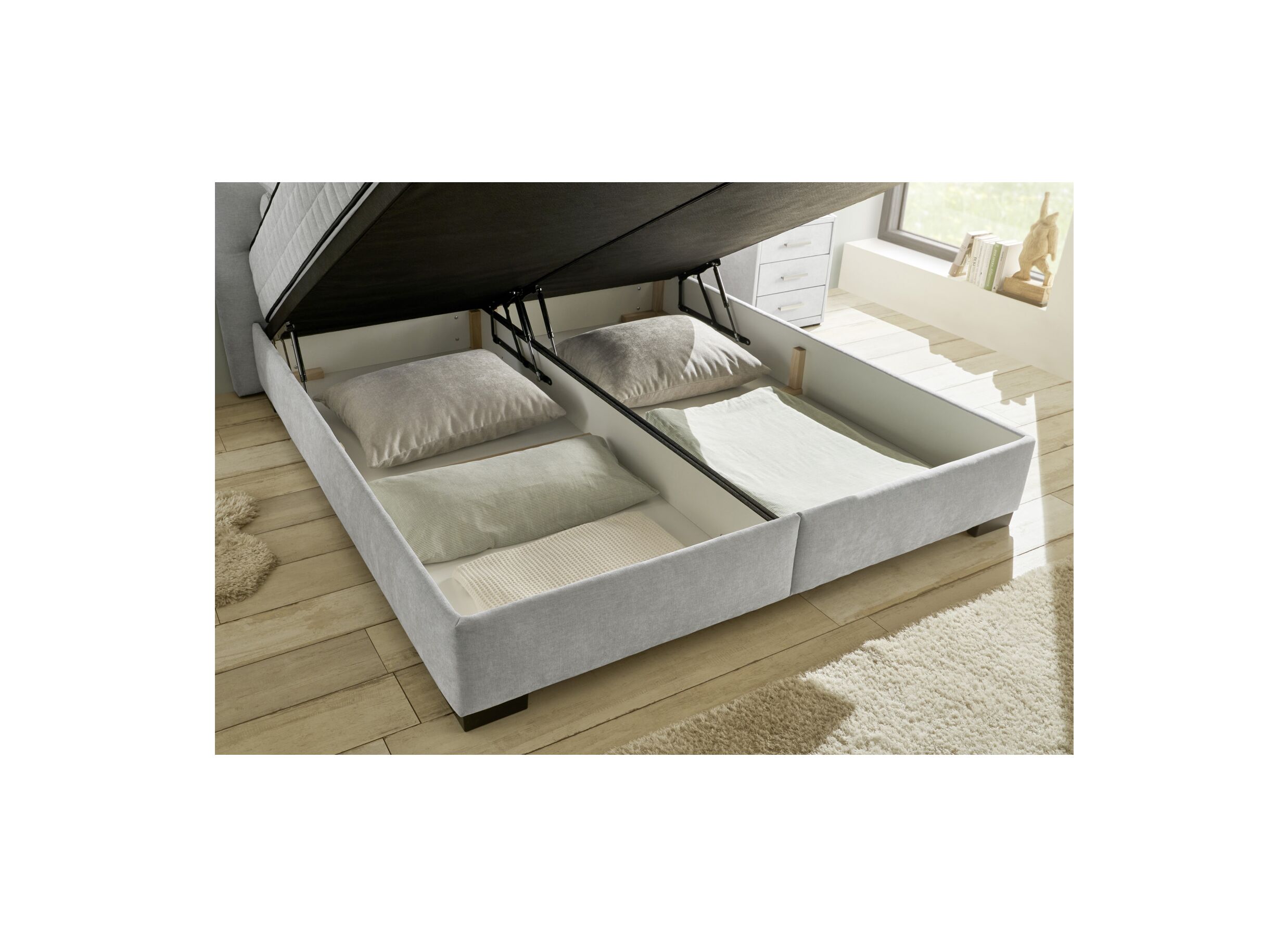Foto ambiance - Lit box Nagol A 160x200cm avec rangement tissu argent