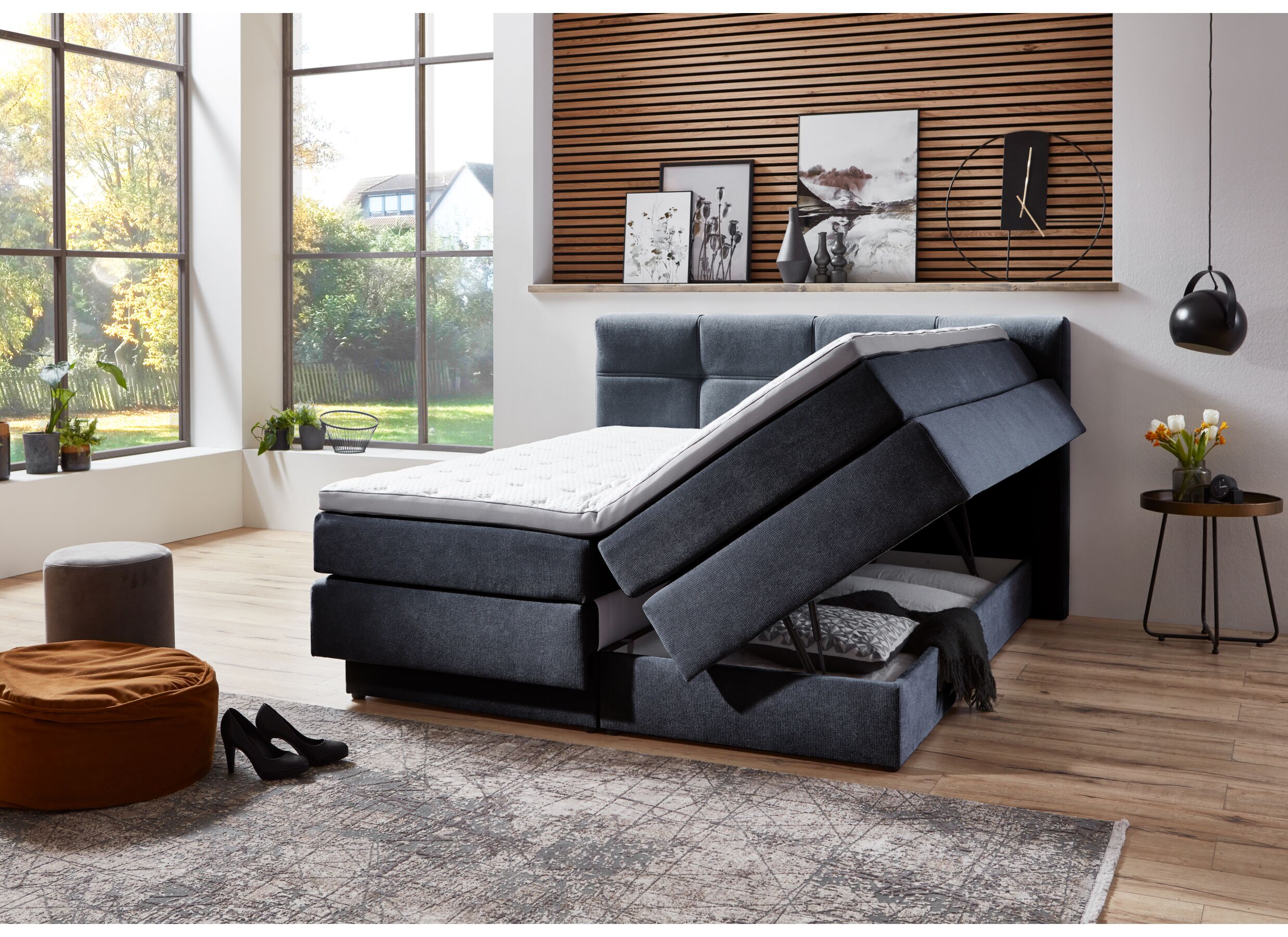 Foto ambiance - Boxspring BX2110 Portage 180x200cm - tissu - gris bleu avec rangement