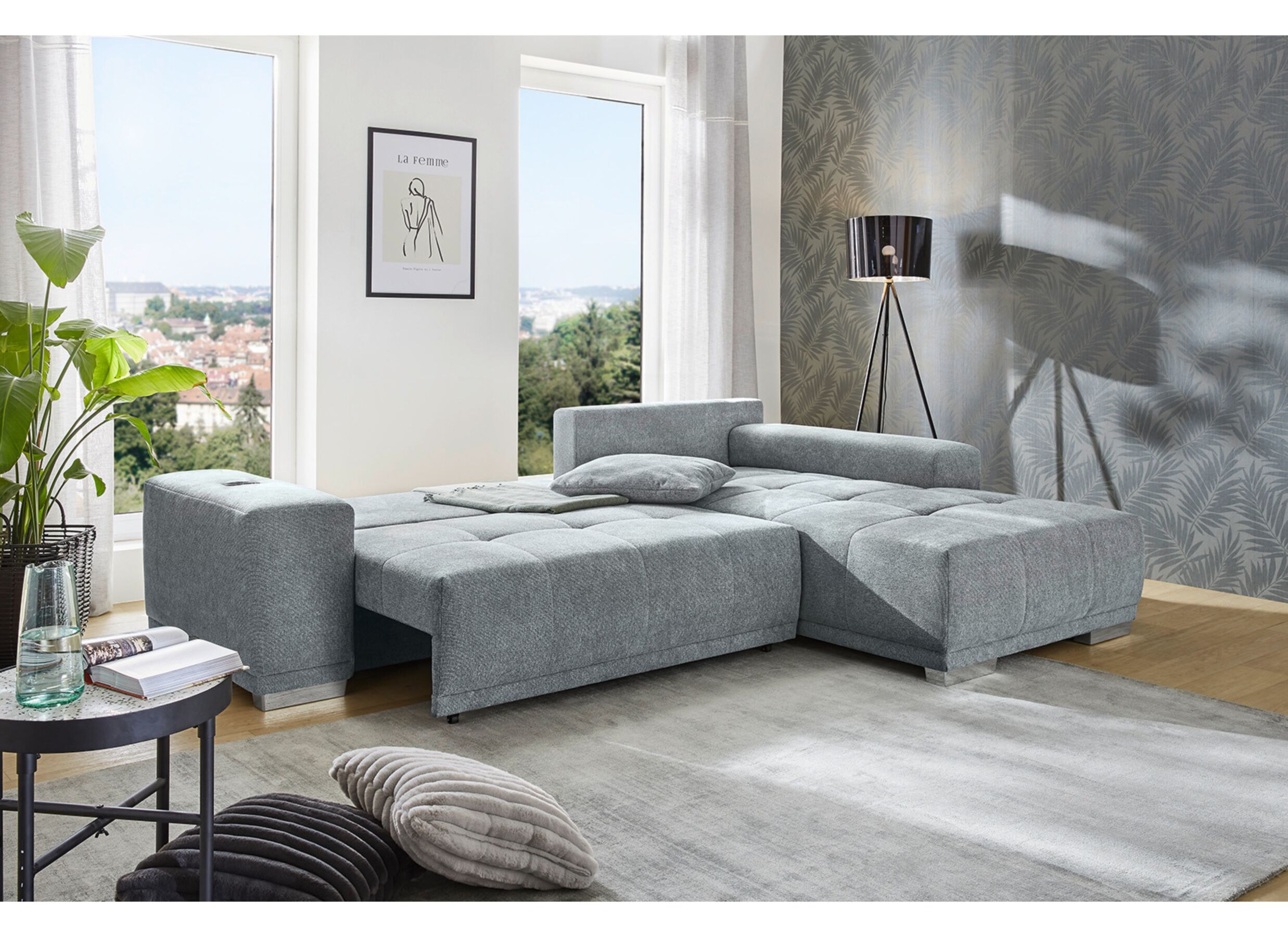 Overzichtsfoto - Hoeksalon Luciano 282x204cm - stof - middengrijs met bedfunctie en opbergruimte