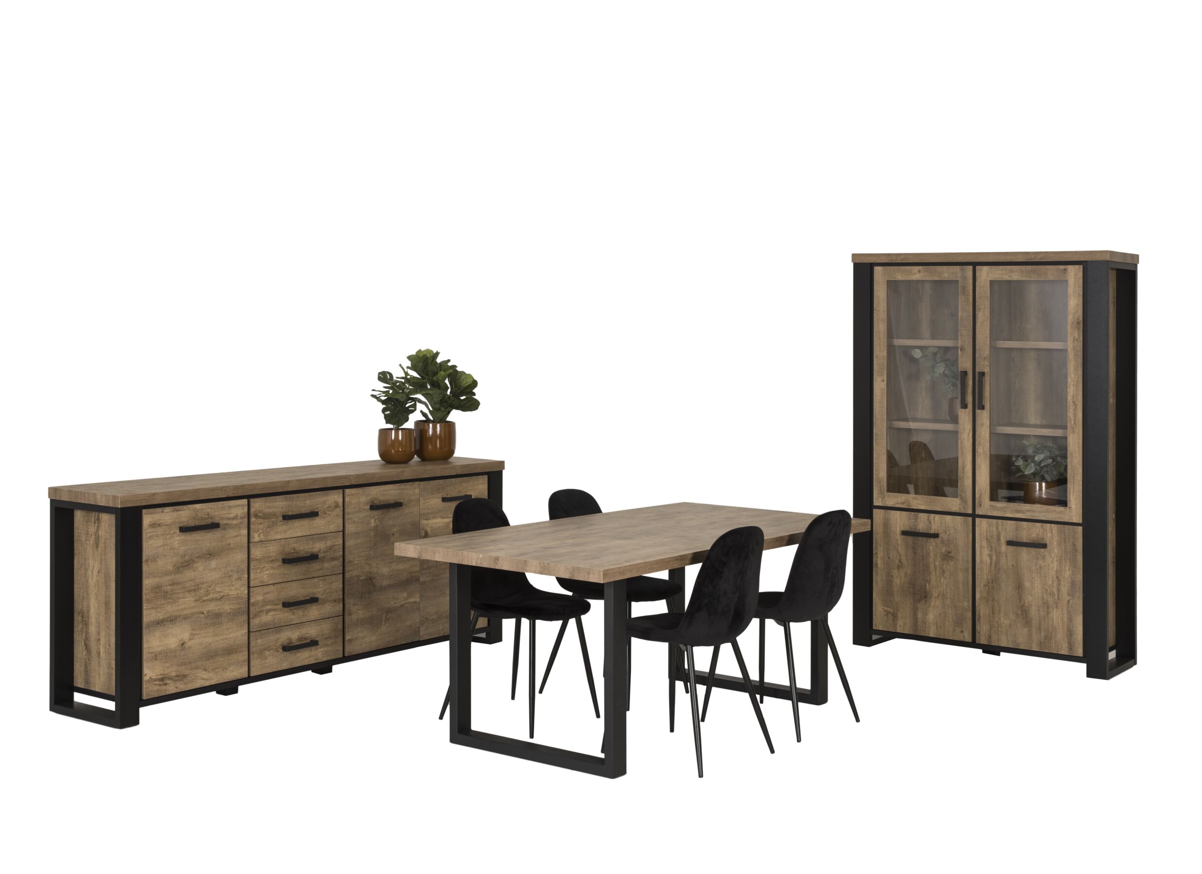 Eetkamer Estrella met 4 stoelen Charlton - tafel 220x95cm - dressoir 225cm - vitrinekast 126cm