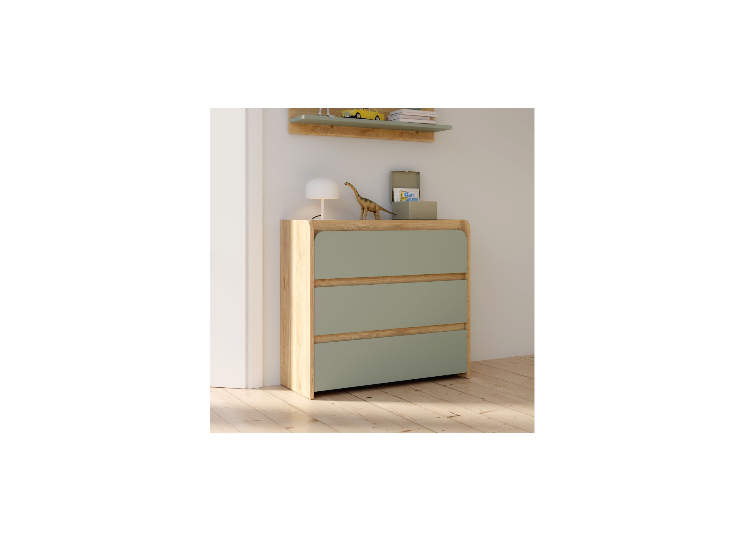 Foto ambiance - Commode Hoa 105x41x94cm - décor - chêne mauvella & vert