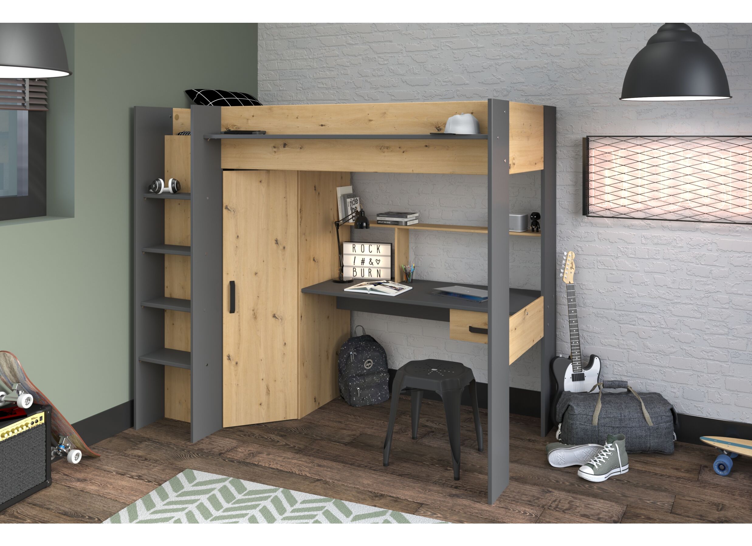 Lit mezzanine Heavy 90x200cm chêne gris foncé